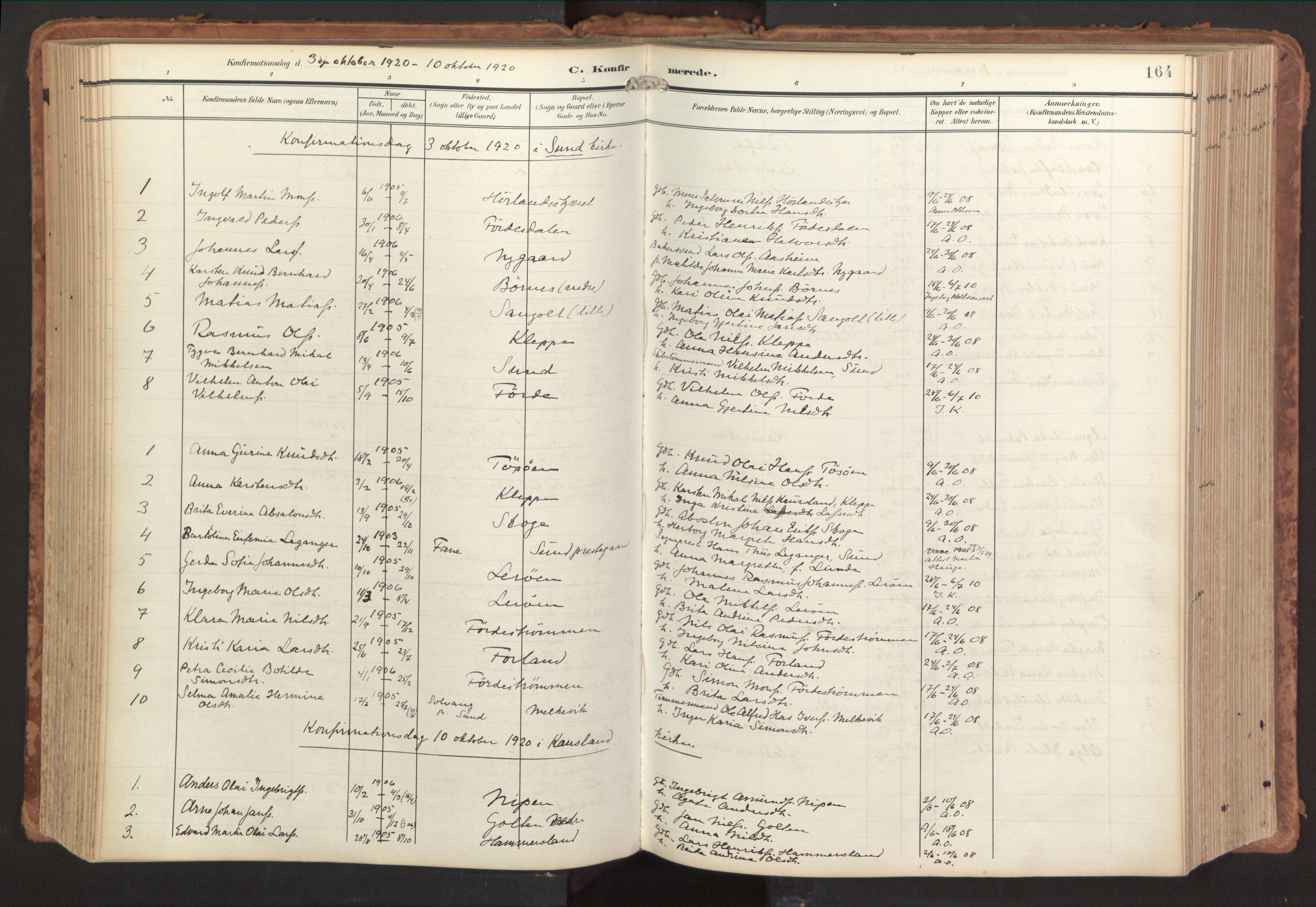 Sund sokneprestembete, AV/SAB-A-99930: Parish register (official) no. B 2, 1907-1926, p. 164