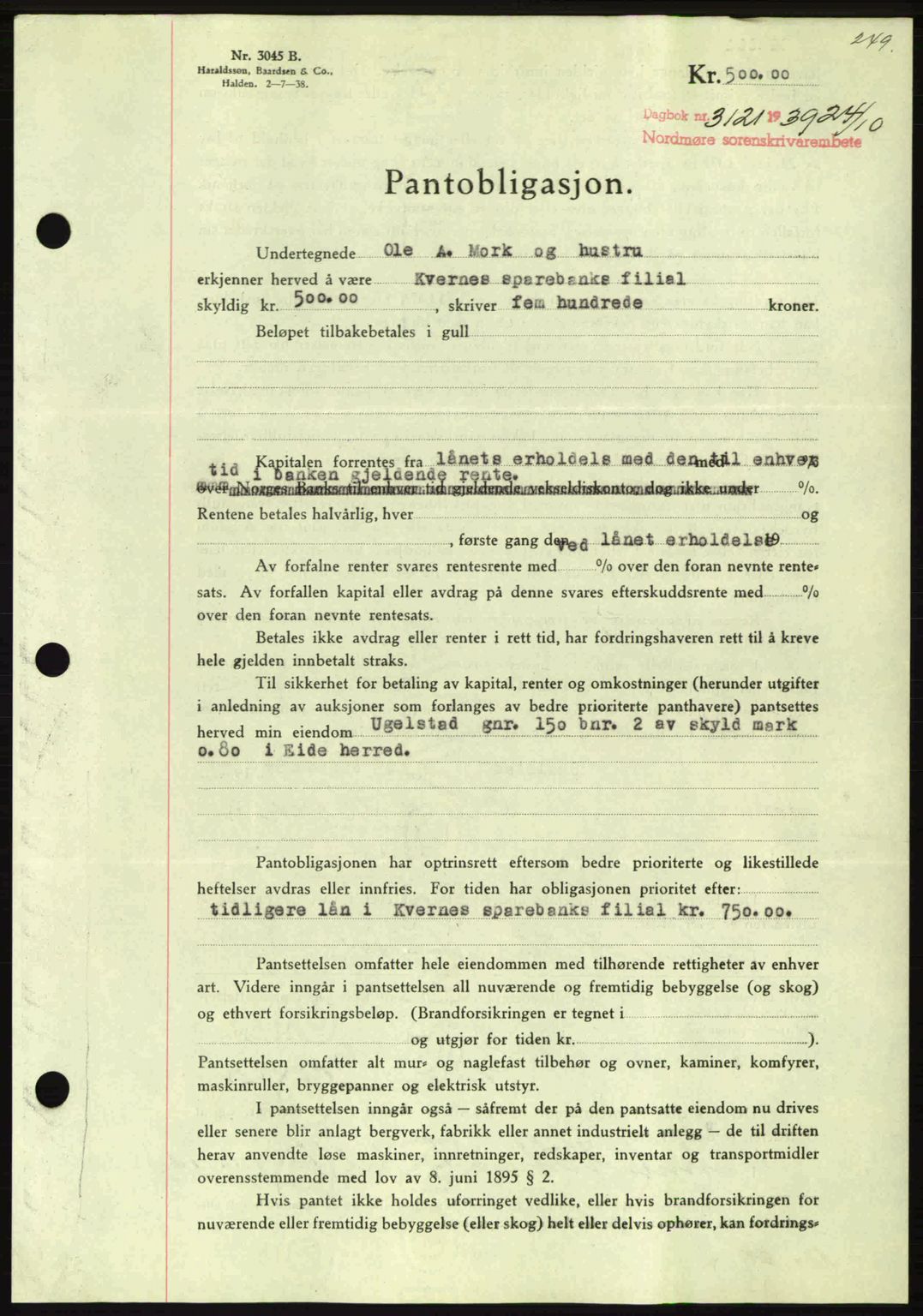 Nordmøre sorenskriveri, AV/SAT-A-4132/1/2/2Ca: Mortgage book no. B86, 1939-1940, Diary no: : 3121/1939