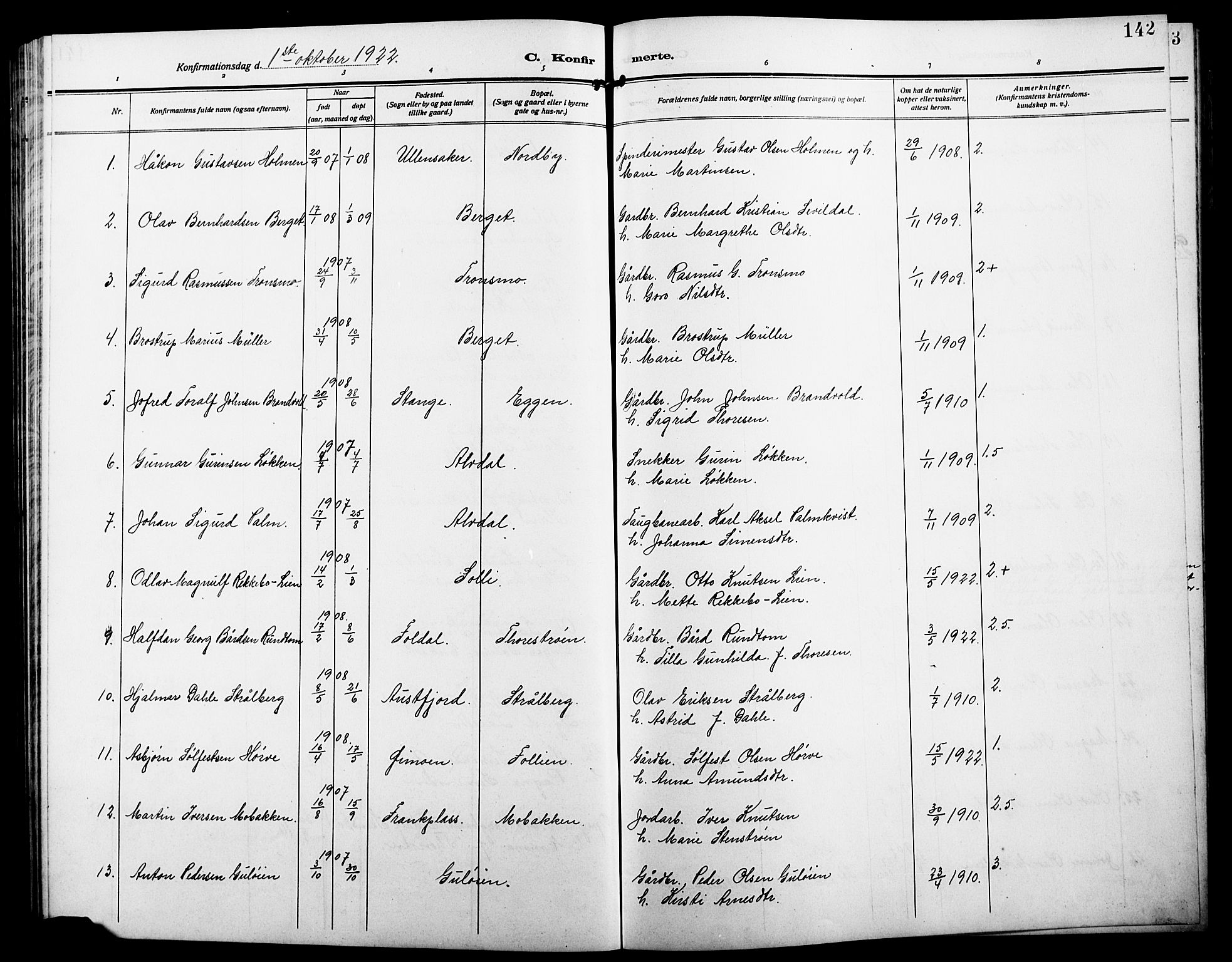 Alvdal prestekontor, AV/SAH-PREST-060/H/Ha/Hab/L0005: Parish register (copy) no. 5, 1908-1923, p. 142