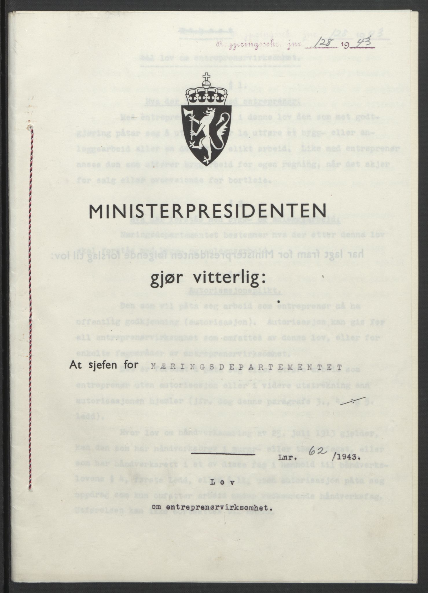 NS-administrasjonen 1940-1945 (Statsrådsekretariatet, de kommisariske statsråder mm), RA/S-4279/D/Db/L0099: Lover, 1943, p. 279