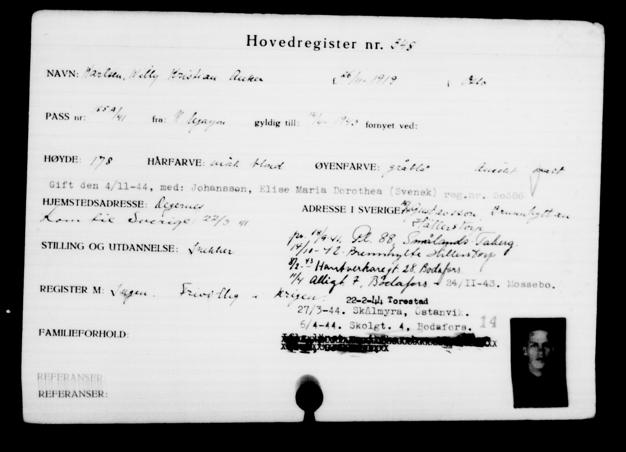 Utenriksstasjonene, Legasjonen i Stockholm, Flyktningkontoret, AV/RA-S-6753/V/Va/L0001: Kjesäterkartoteket, flyktninger med registreringsnr. 1-1000, 1940-1945, p. 551