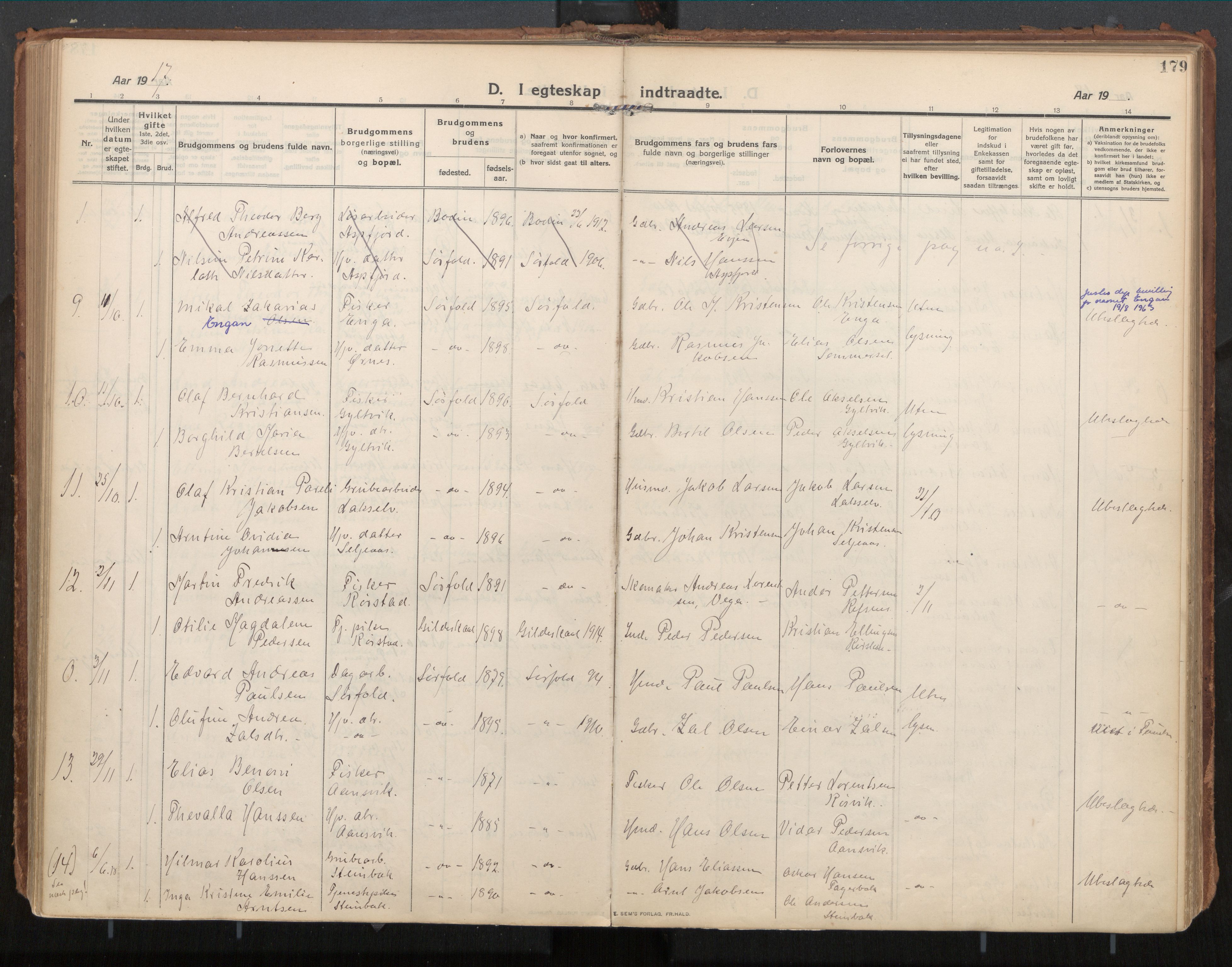 Ministerialprotokoller, klokkerbøker og fødselsregistre - Nordland, AV/SAT-A-1459/854/L0784: Parish register (official) no. 854A07, 1910-1922, p. 179