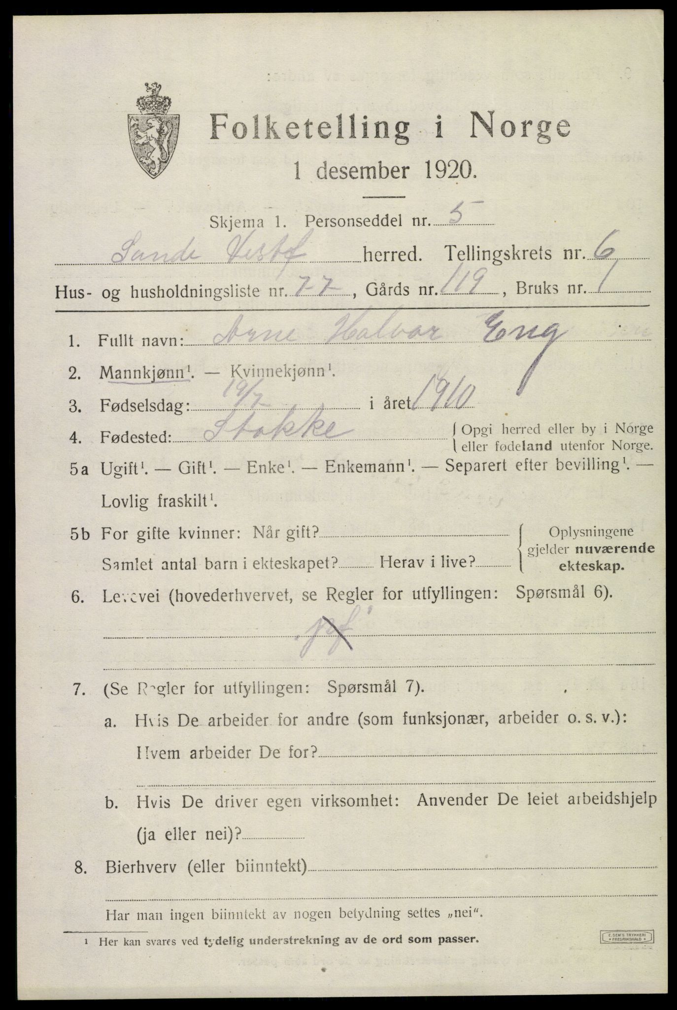 SAKO, 1920 census for Sande, 1920, p. 8064