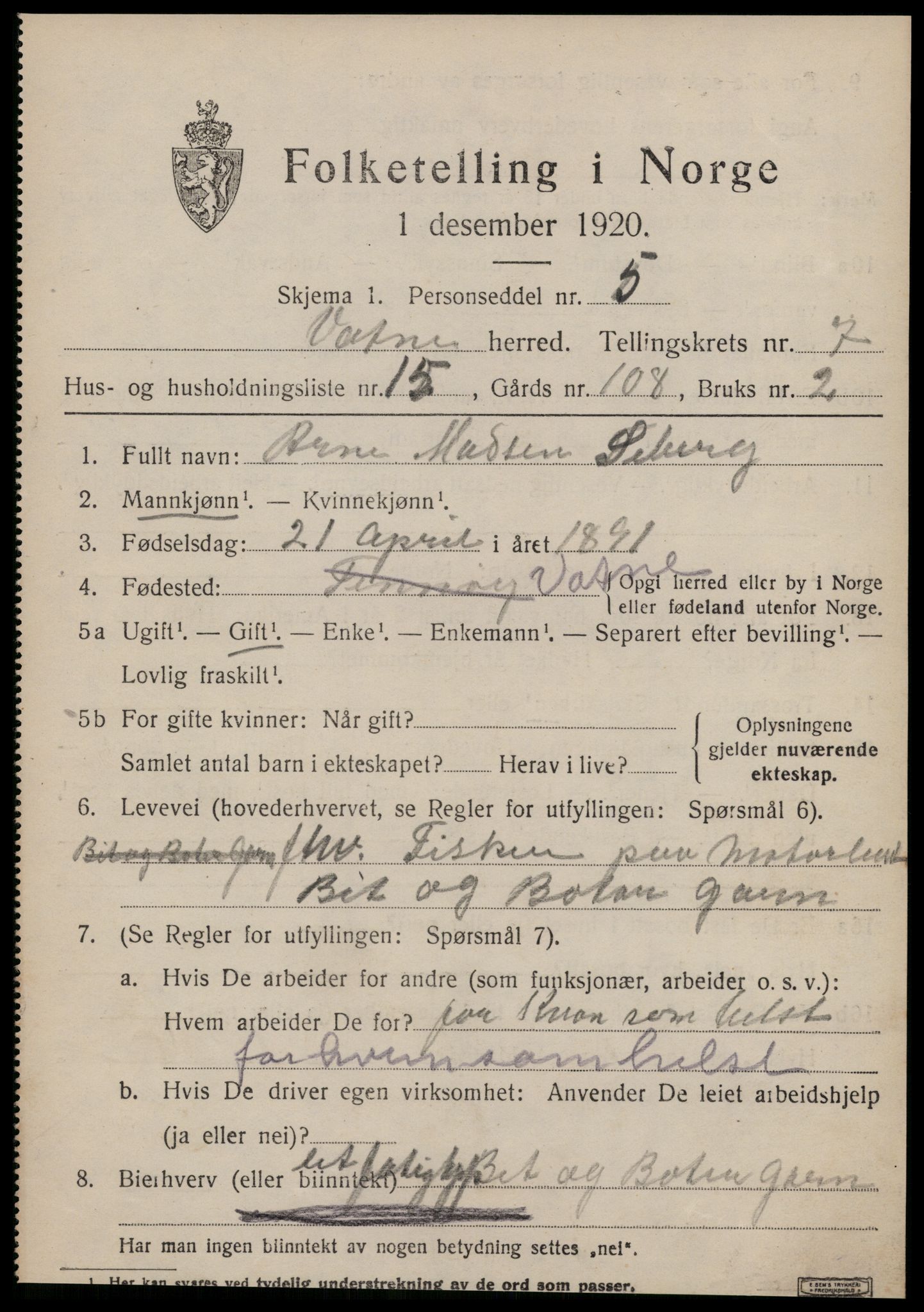 SAT, 1920 census for Vatne, 1920, p. 3324