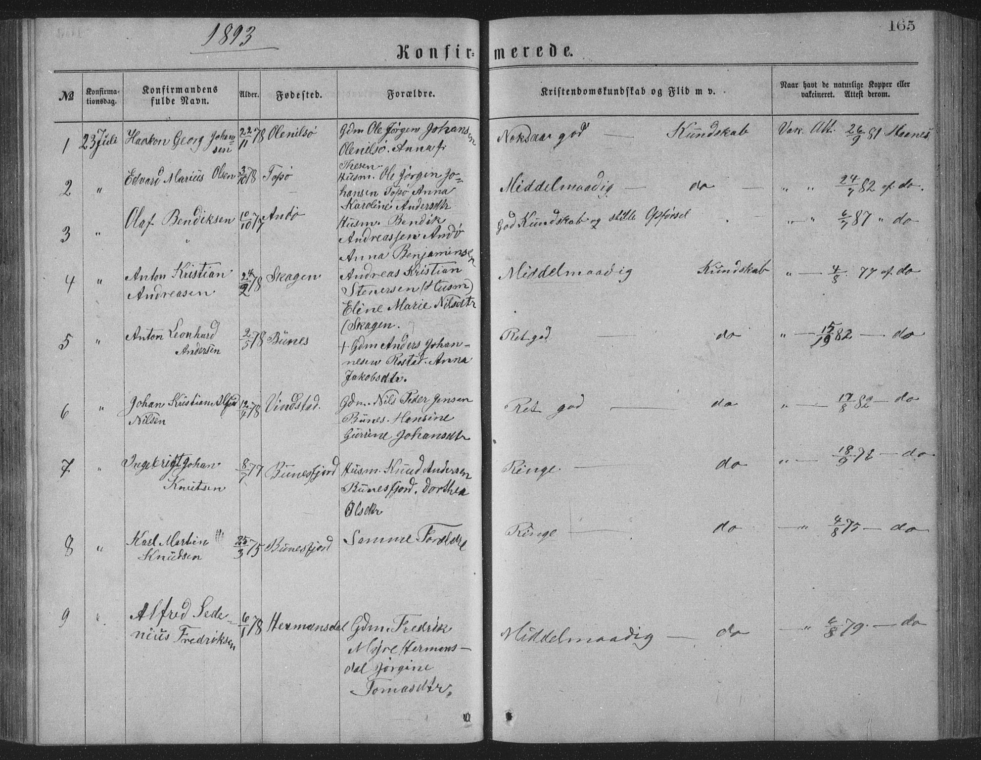 Ministerialprotokoller, klokkerbøker og fødselsregistre - Nordland, AV/SAT-A-1459/886/L1225: Parish register (copy) no. 886C02, 1874-1896, p. 165