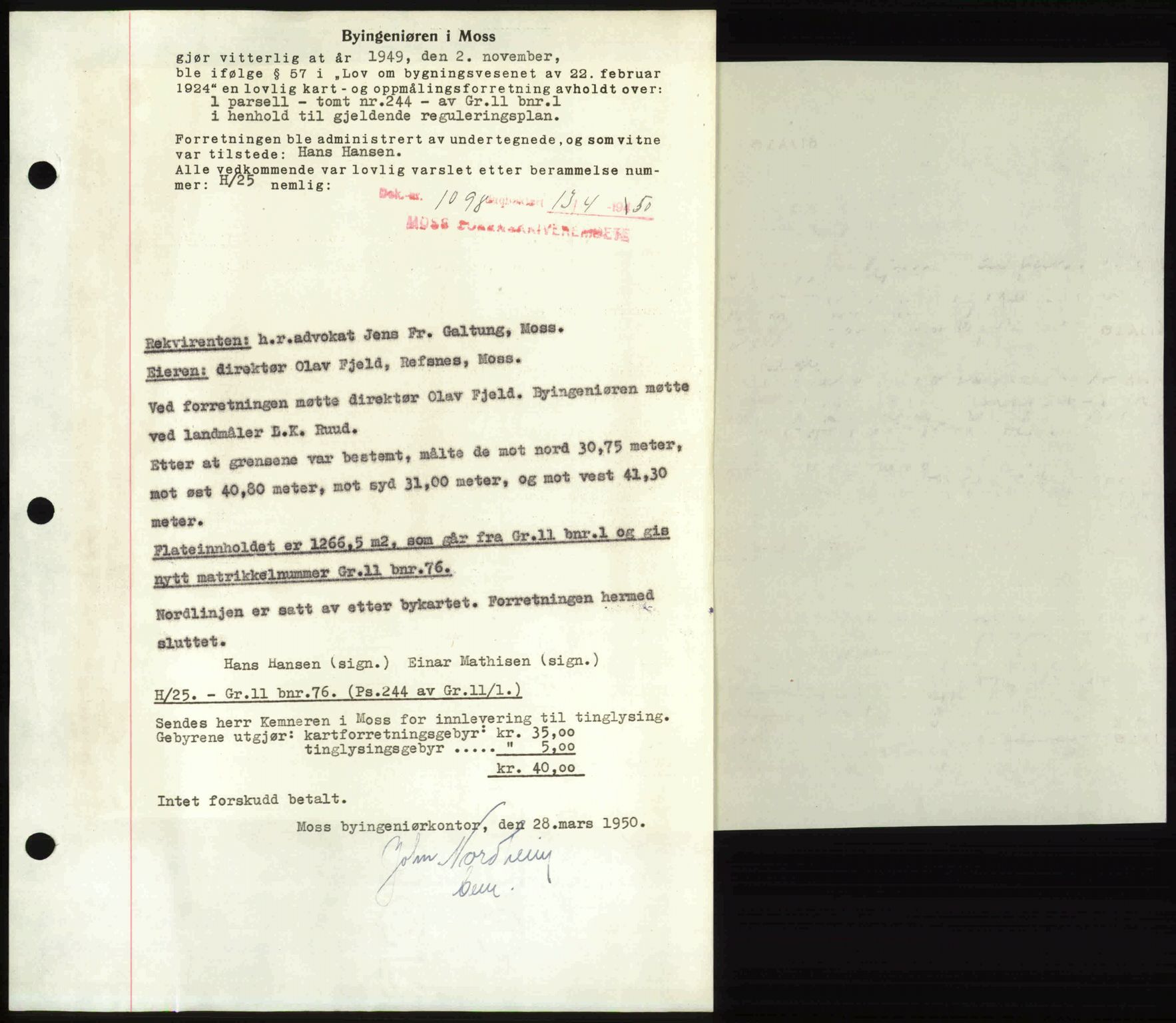 Moss sorenskriveri, SAO/A-10168: Mortgage book no. A25, 1950-1950, Diary no: : 1098/1950