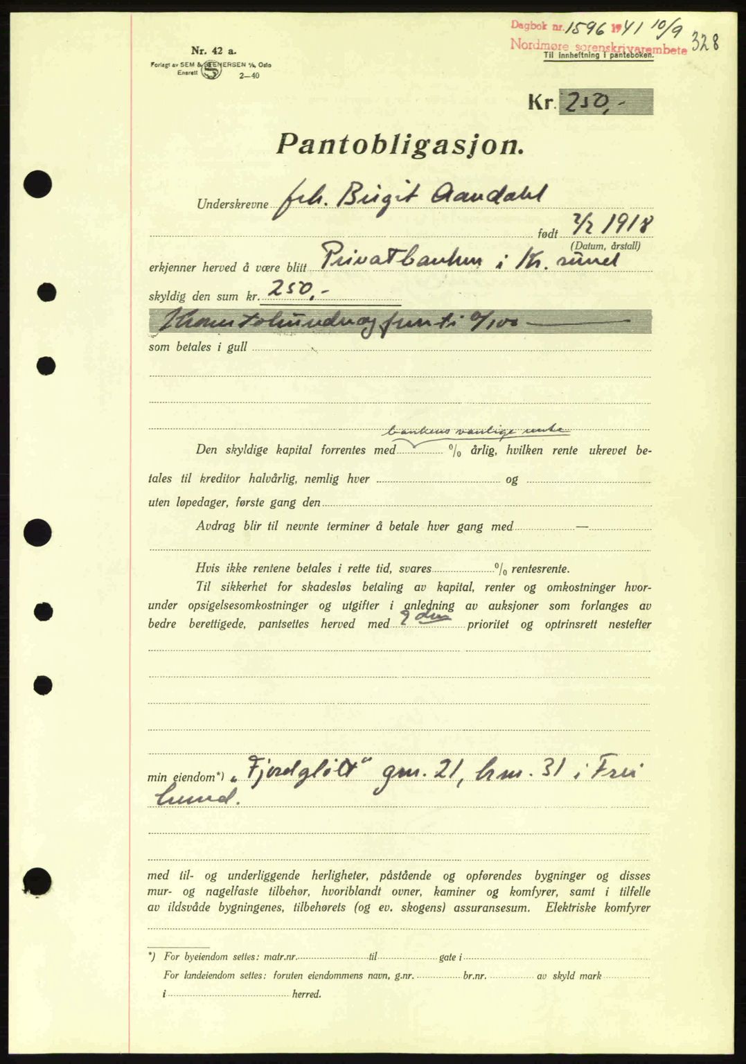 Nordmøre sorenskriveri, AV/SAT-A-4132/1/2/2Ca: Mortgage book no. B88, 1941-1942, Diary no: : 1596/1941