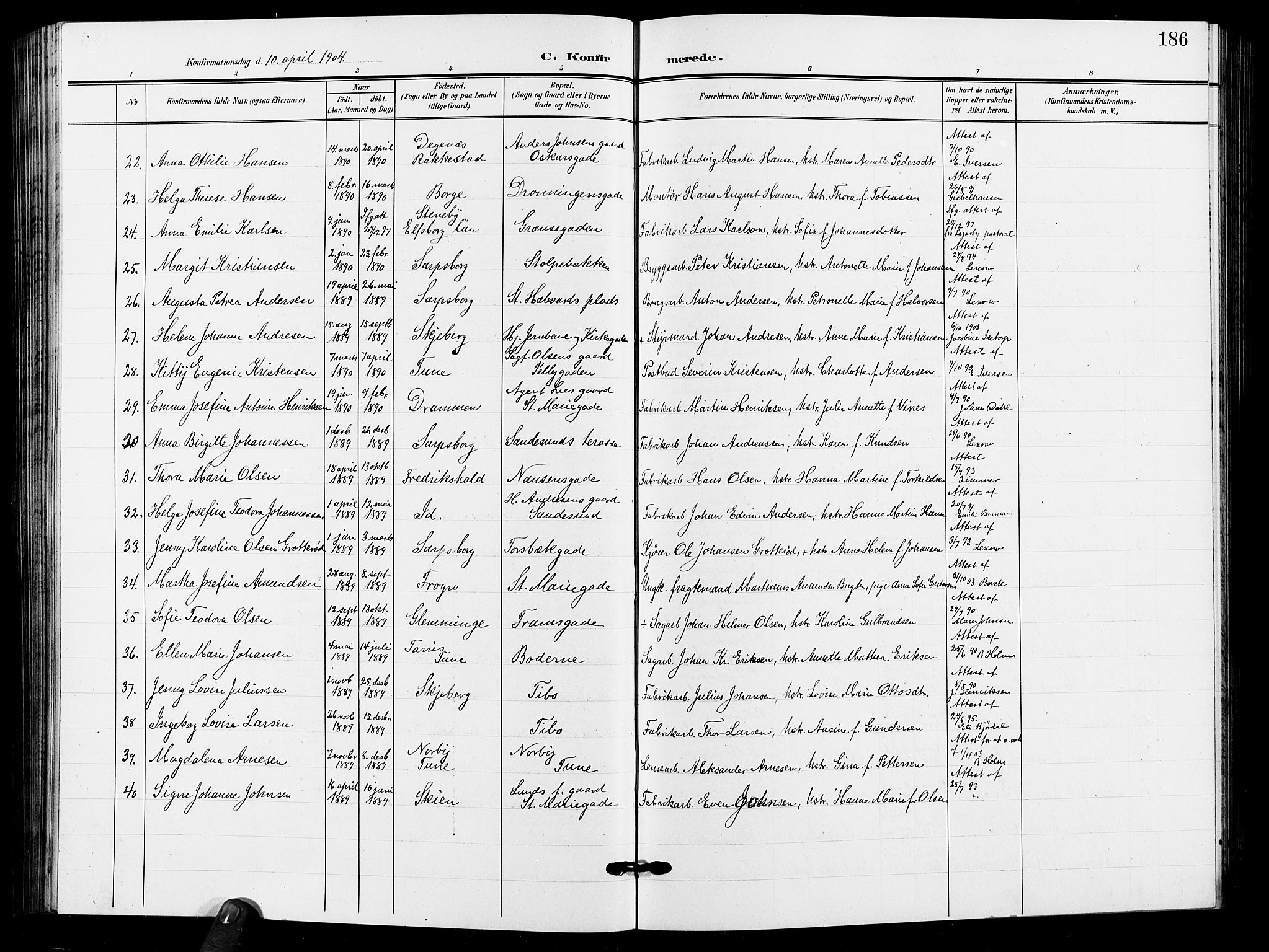 Sarpsborg prestekontor Kirkebøker, SAO/A-2006/G/Ga/L0001: Parish register (copy) no. 1, 1902-1911, p. 186