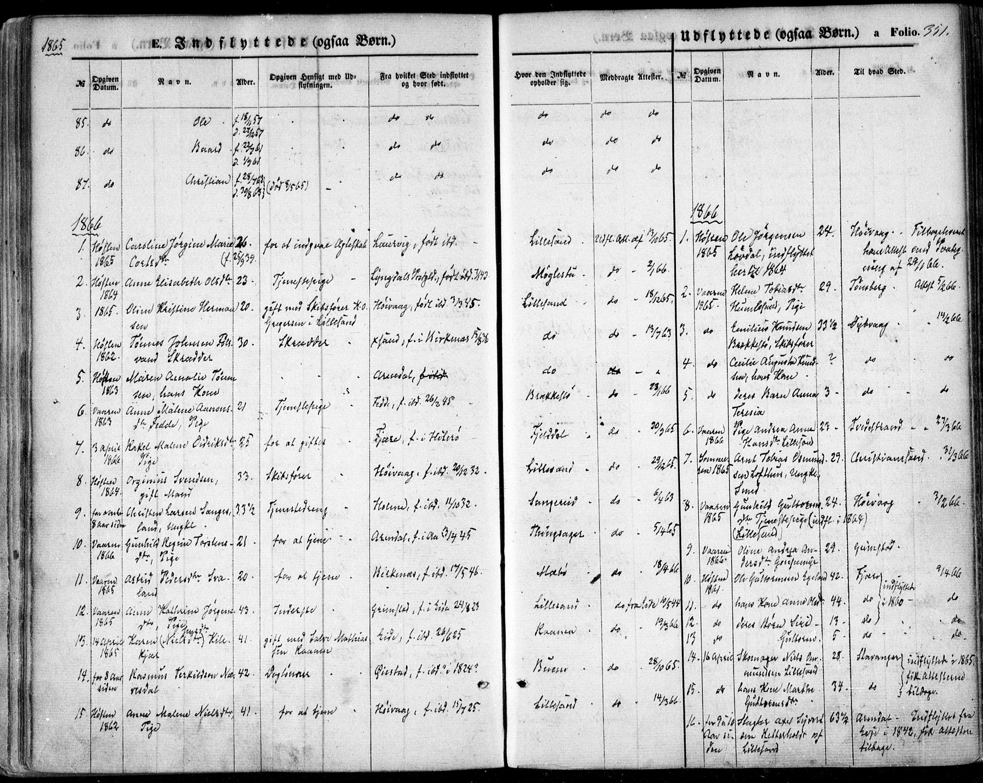 Vestre Moland sokneprestkontor, SAK/1111-0046/F/Fa/Fab/L0007: Parish register (official) no. A 7, 1859-1872, p. 351
