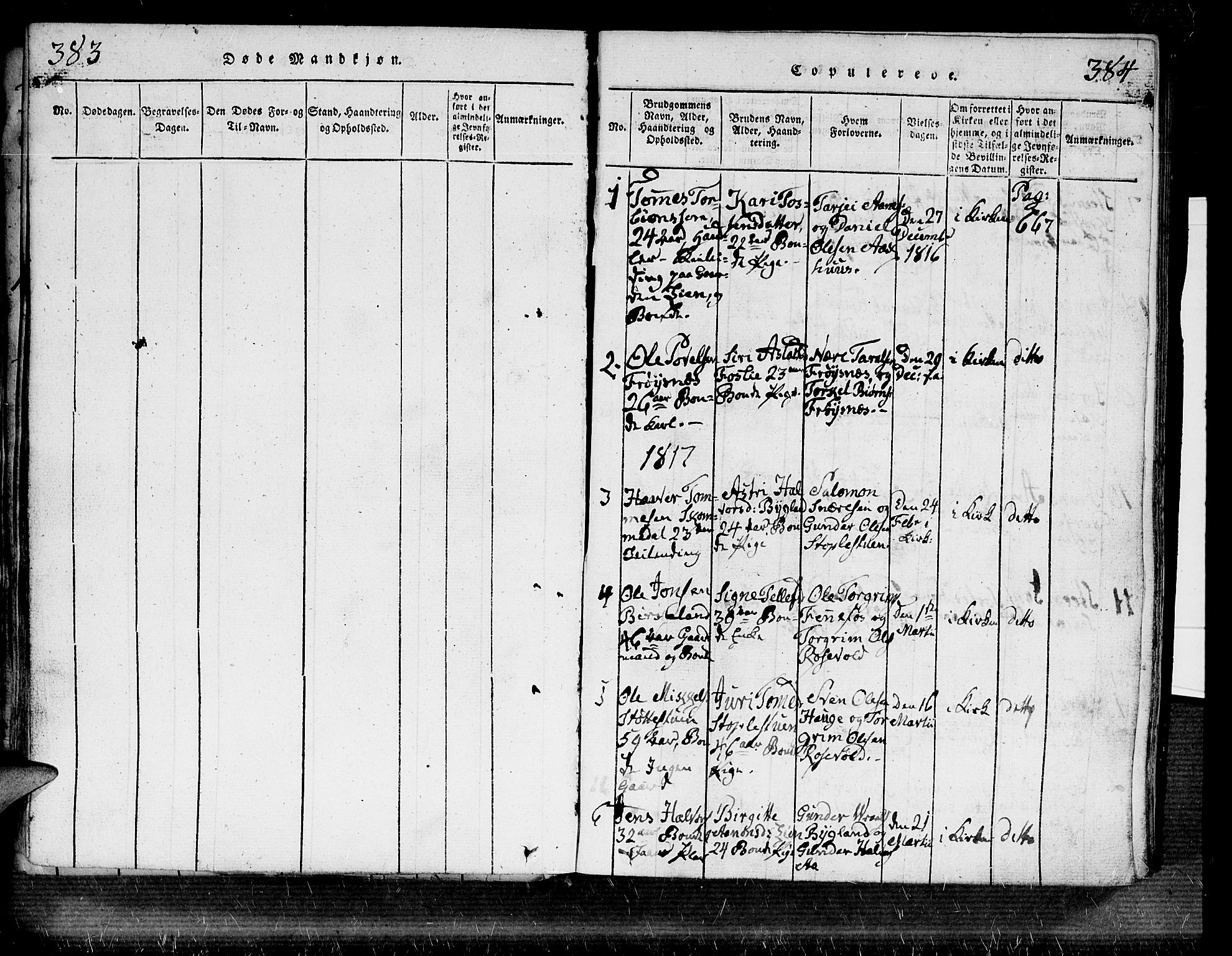 Bygland sokneprestkontor, SAK/1111-0006/F/Fa/Fab/L0003: Parish register (official) no. A 3, 1816-1841, p. 383-384