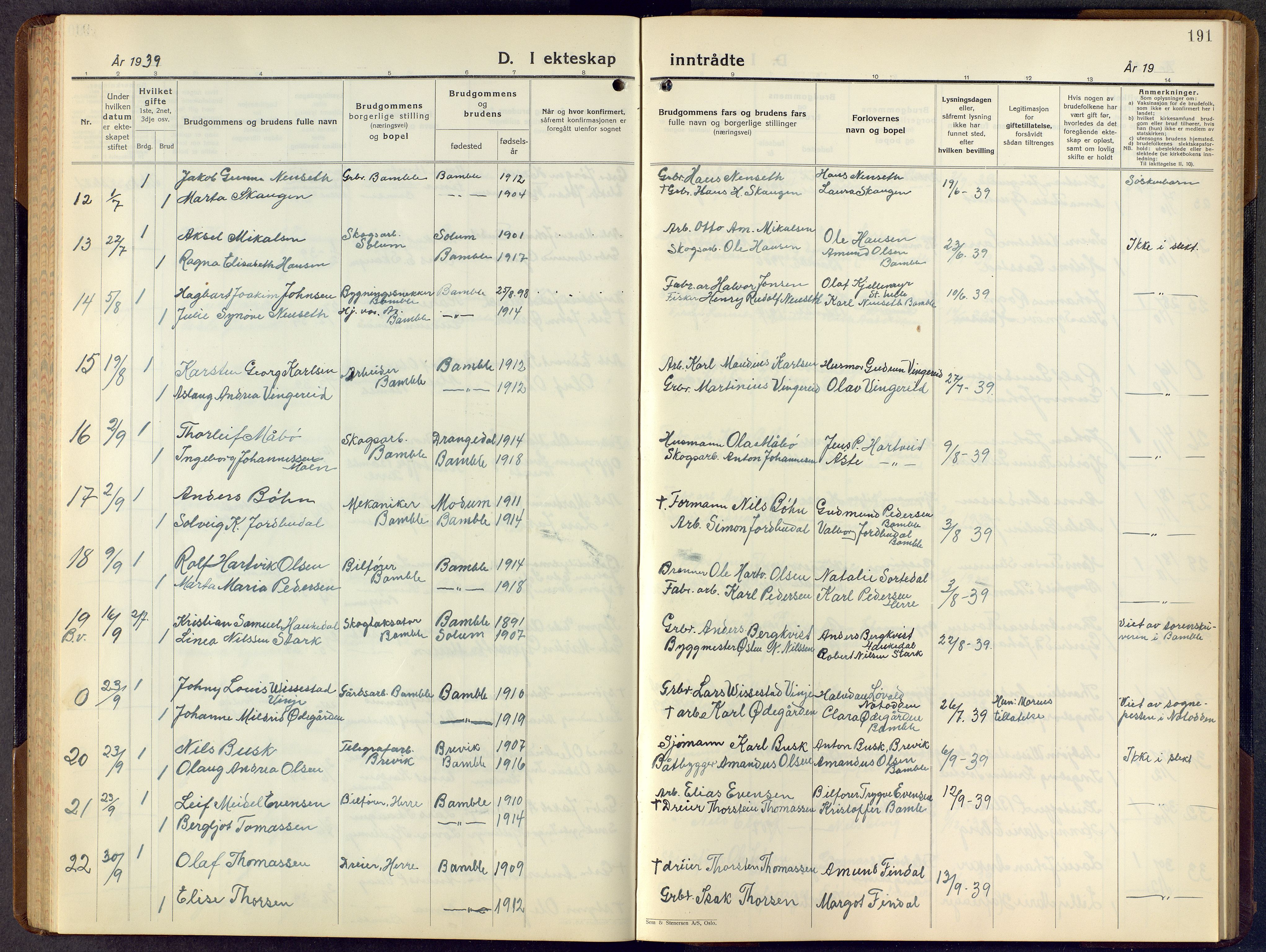 Bamble kirkebøker, AV/SAKO-A-253/G/Ga/L0012: Parish register (copy) no. I 12, 1936-1951, p. 191