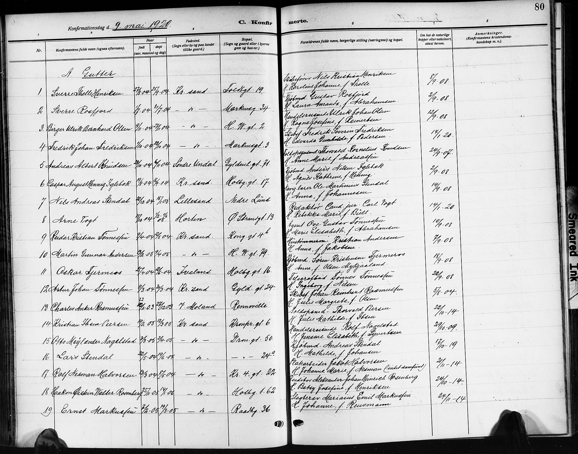 Kristiansand domprosti, SAK/1112-0006/F/Fb/L0022: Parish register (copy) no. B 22, 1915-1925, p. 80