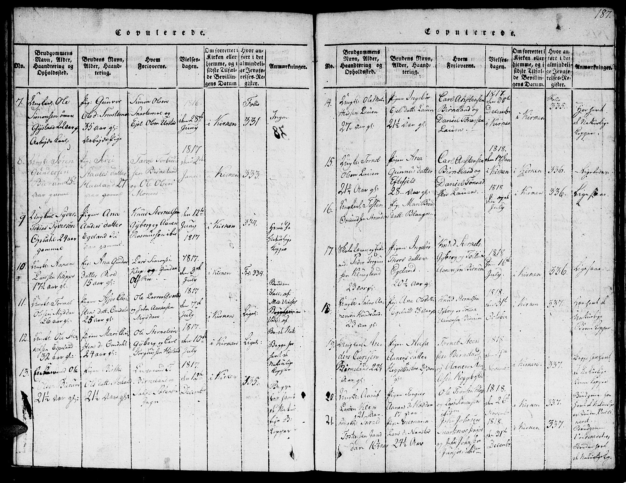 Hægebostad sokneprestkontor, AV/SAK-1111-0024/F/Fb/Fba/L0001: Parish register (copy) no. B 1, 1815-1844, p. 187