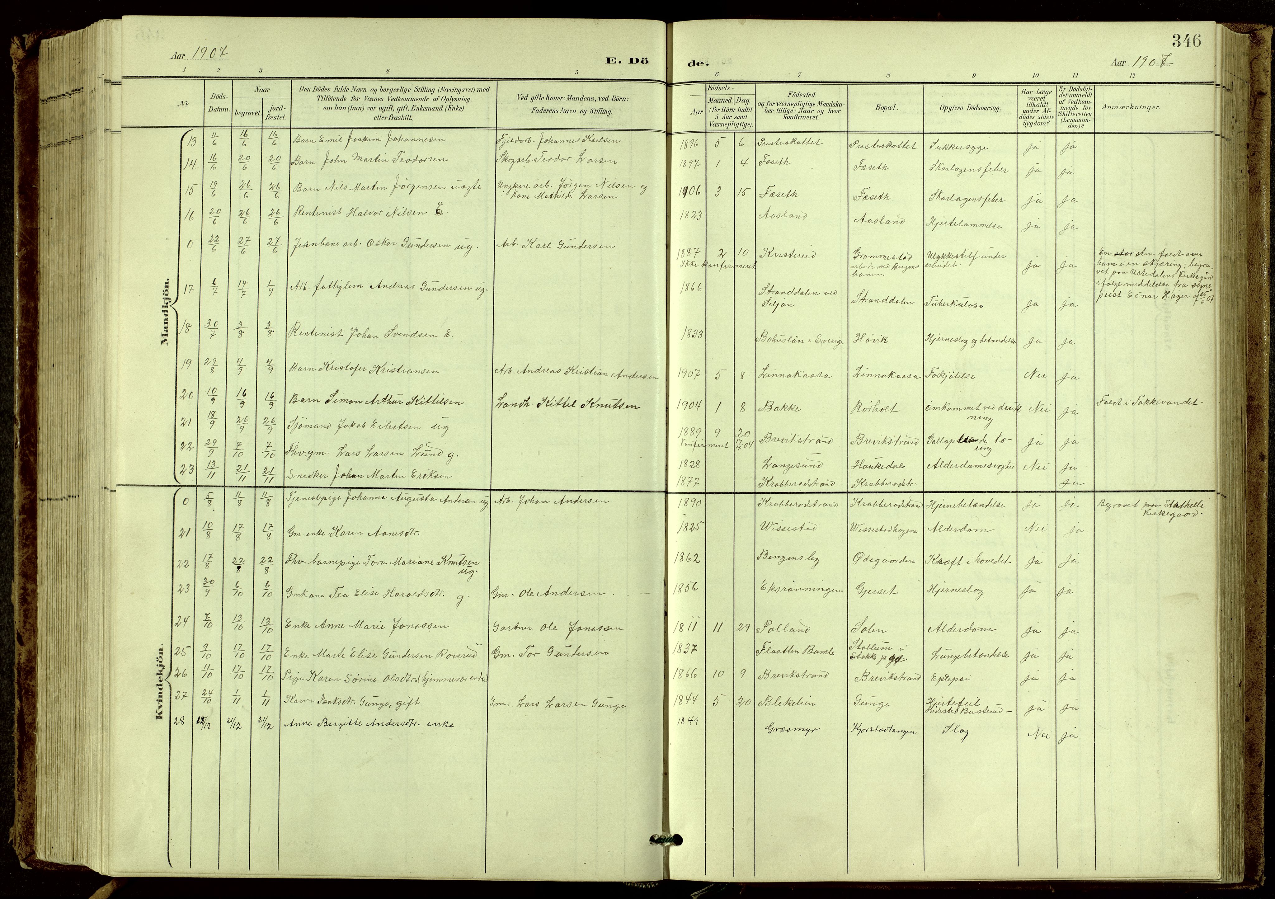 Bamble kirkebøker, SAKO/A-253/G/Ga/L0010: Parish register (copy) no. I 10, 1901-1919, p. 346