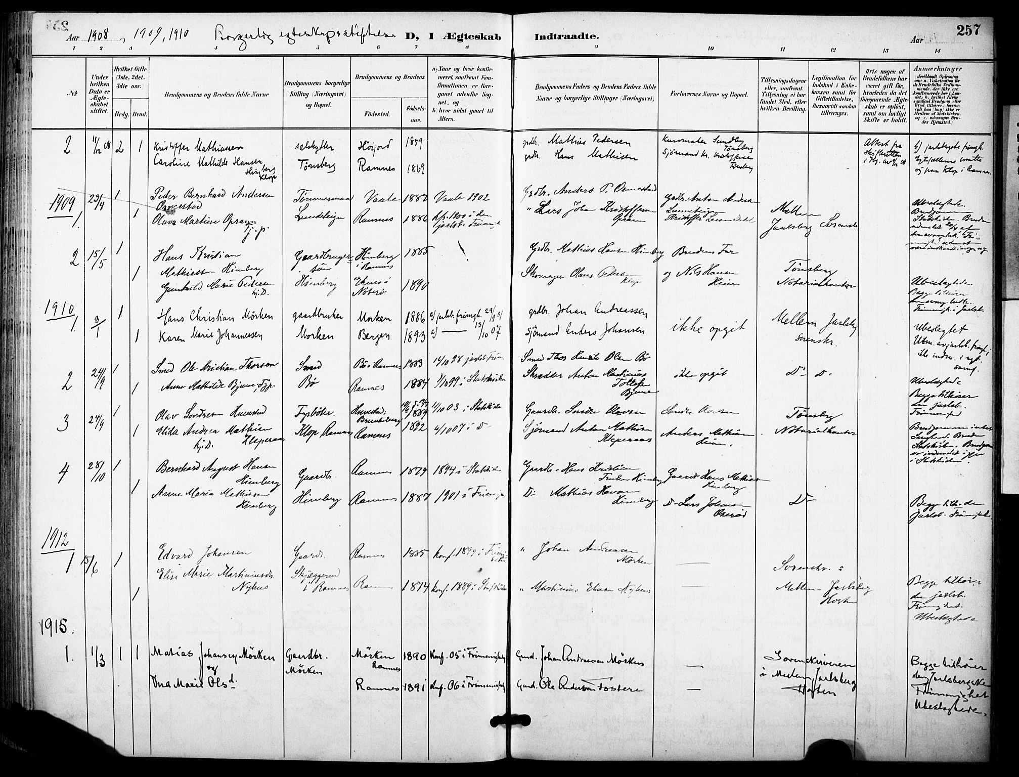 Ramnes kirkebøker, SAKO/A-314/F/Fa/L0008: Parish register (official) no. I 8, 1896-1913, p. 257
