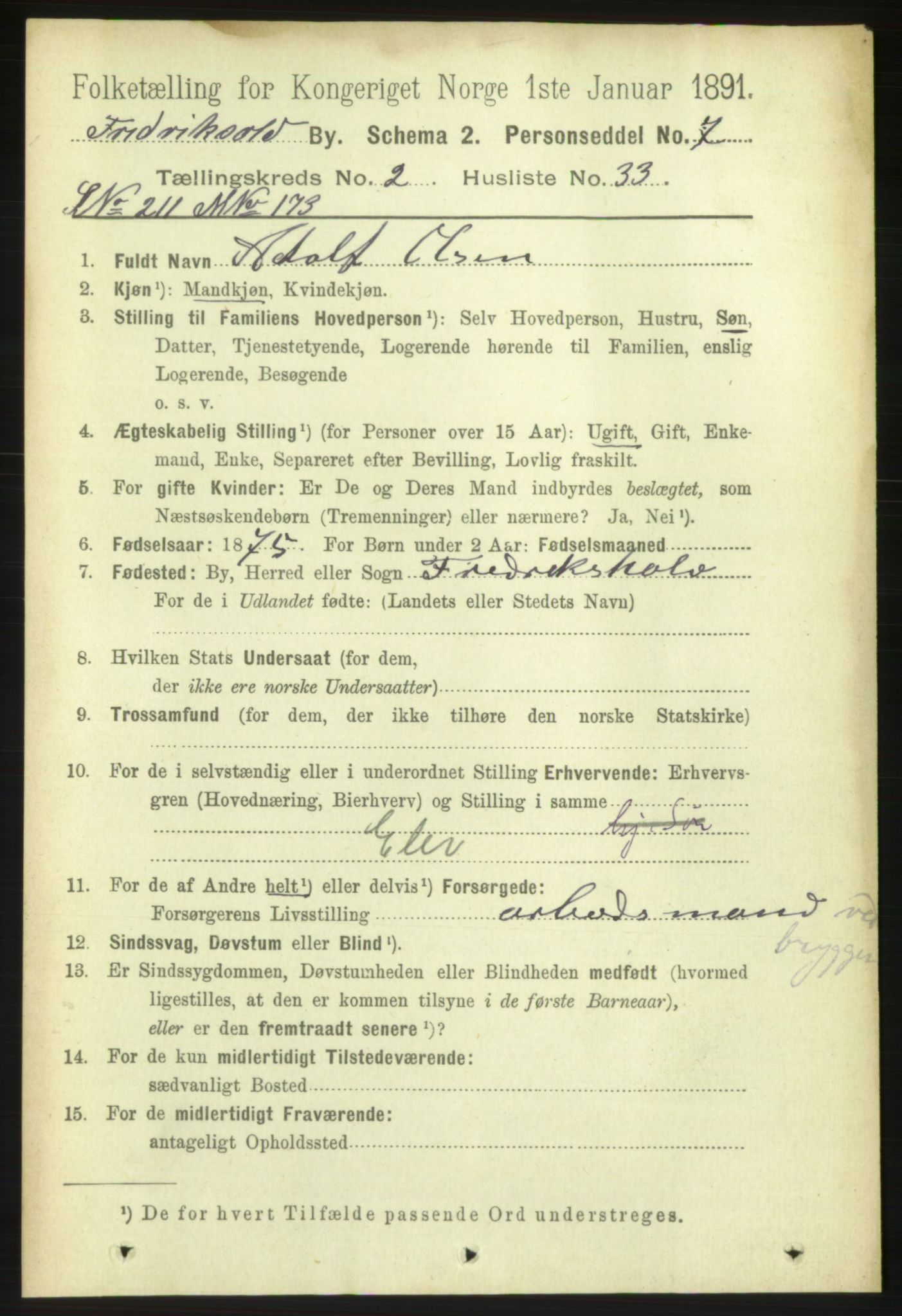 RA, 1891 census for 0101 Fredrikshald, 1891, p. 3091