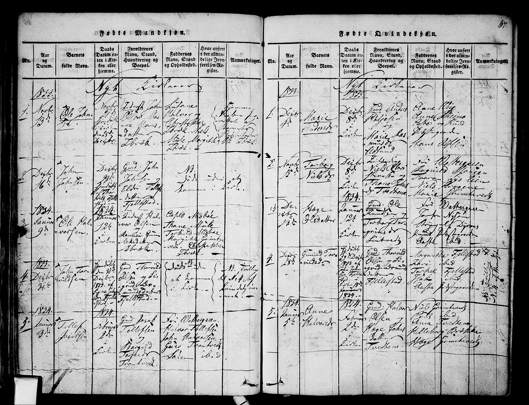 Nissedal kirkebøker, SAKO/A-288/F/Fa/L0002: Parish register (official) no. I 2, 1814-1845, p. 67