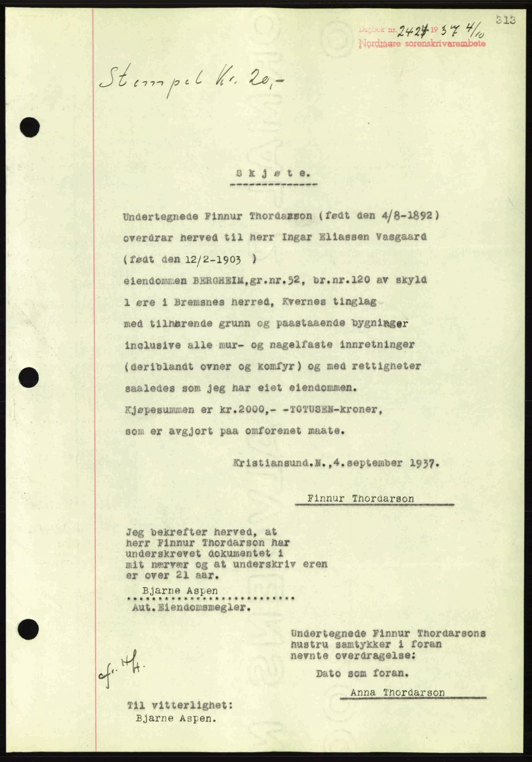 Nordmøre sorenskriveri, AV/SAT-A-4132/1/2/2Ca: Mortgage book no. A82, 1937-1938, Diary no: : 2424/1937