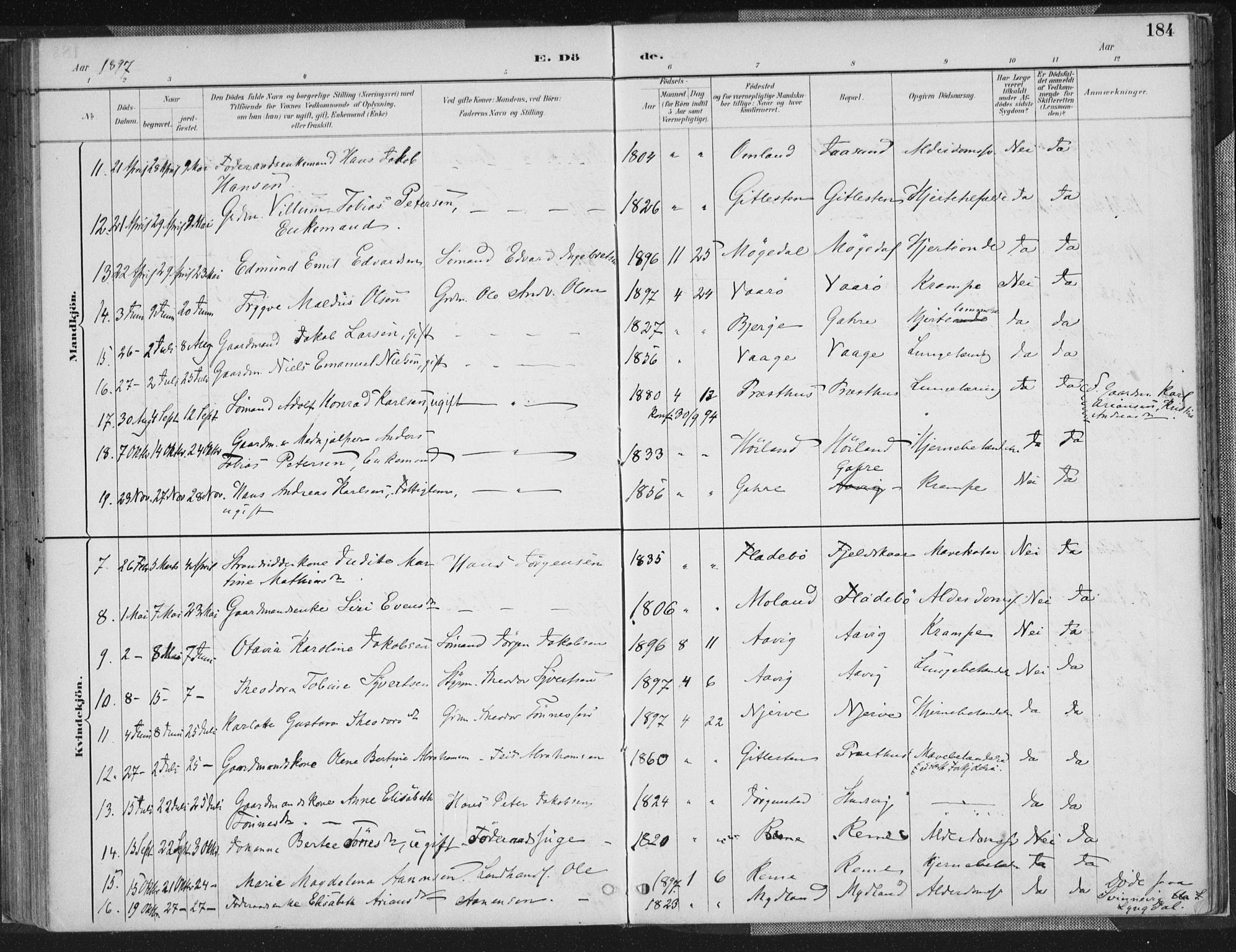 Sør-Audnedal sokneprestkontor, AV/SAK-1111-0039/F/Fa/Faa/L0004: Parish register (official) no. A 4, 1884-1909, p. 184