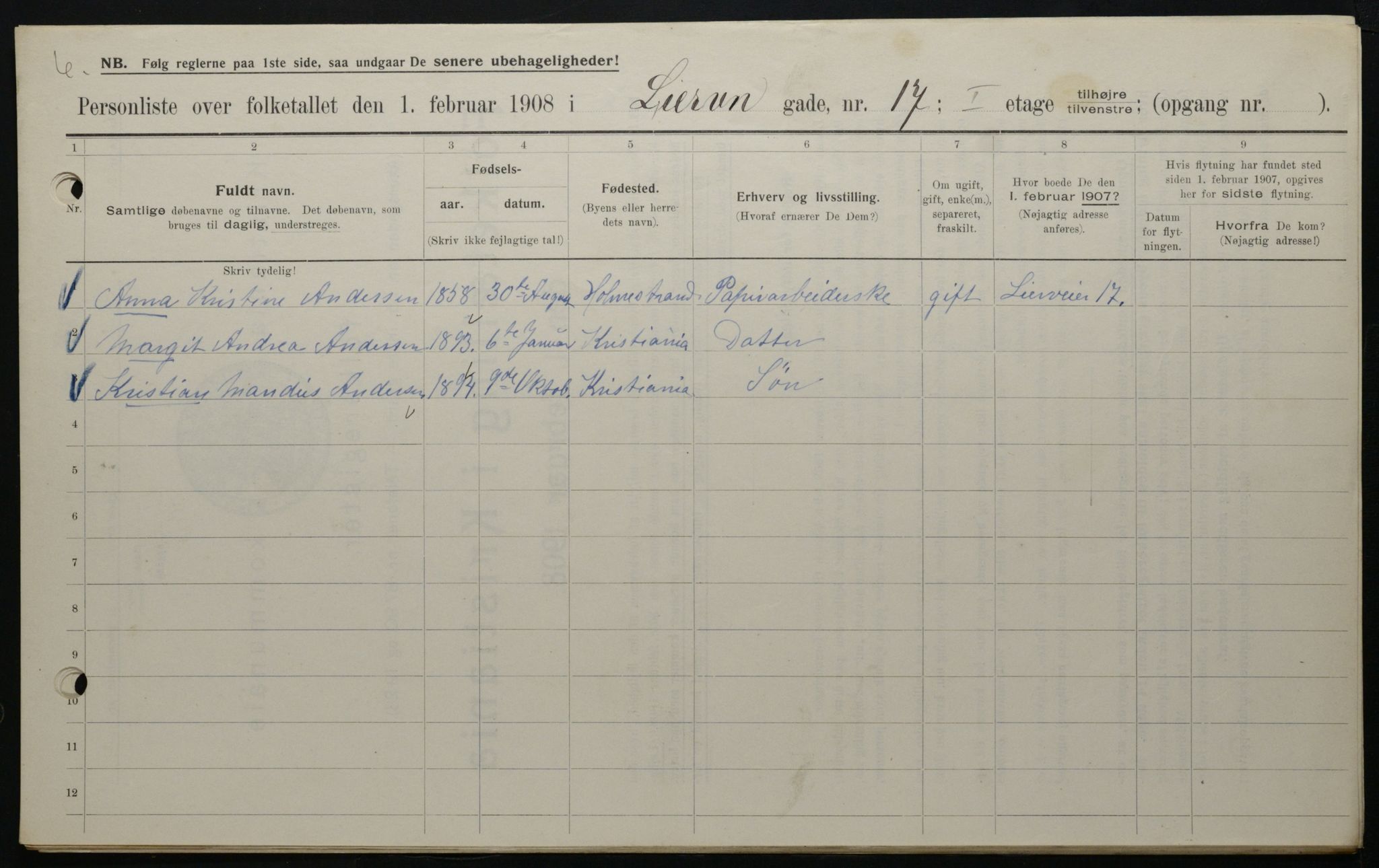 OBA, Municipal Census 1908 for Kristiania, 1908, p. 51613