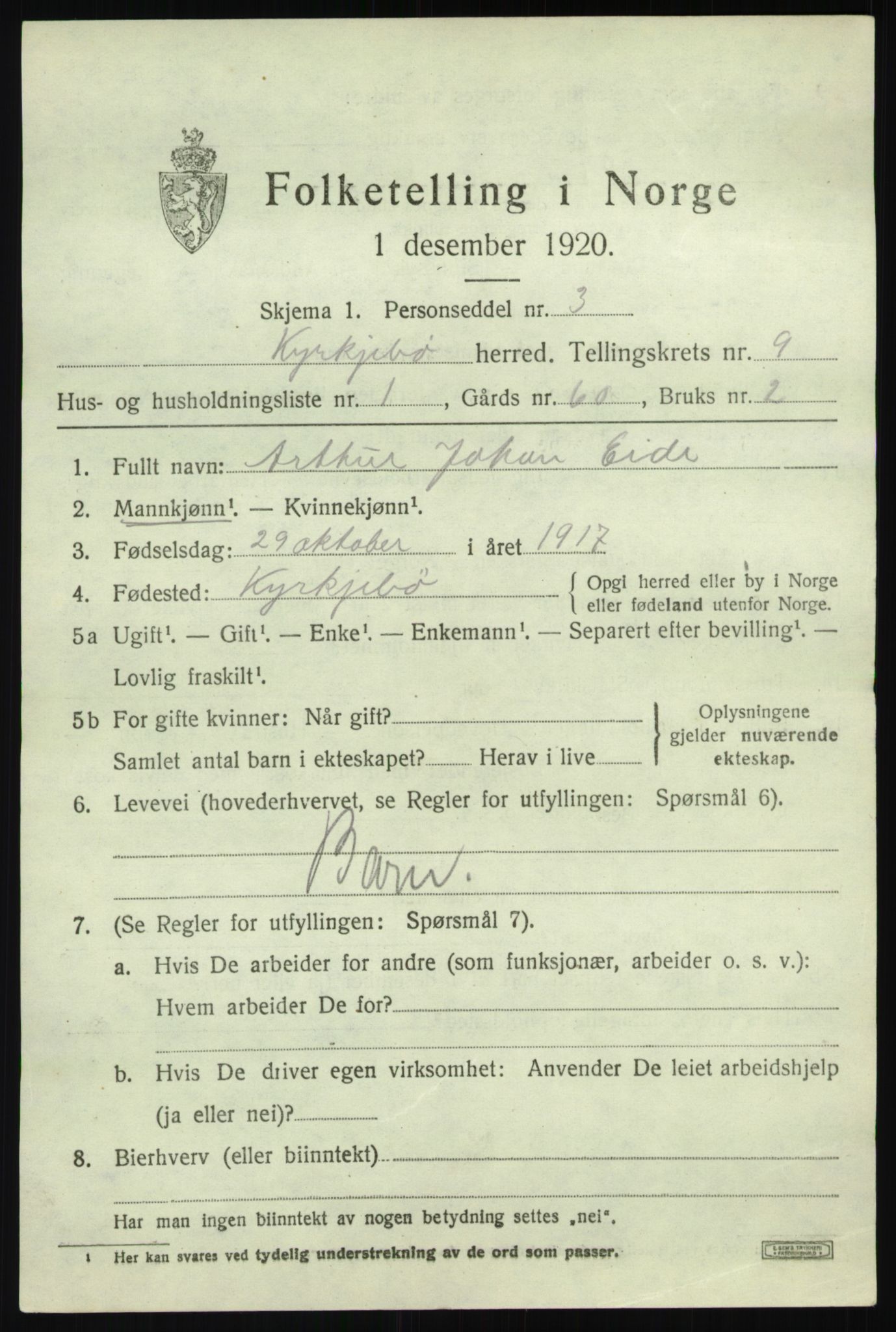 SAB, 1920 census for Kyrkjebø, 1920, p. 3861