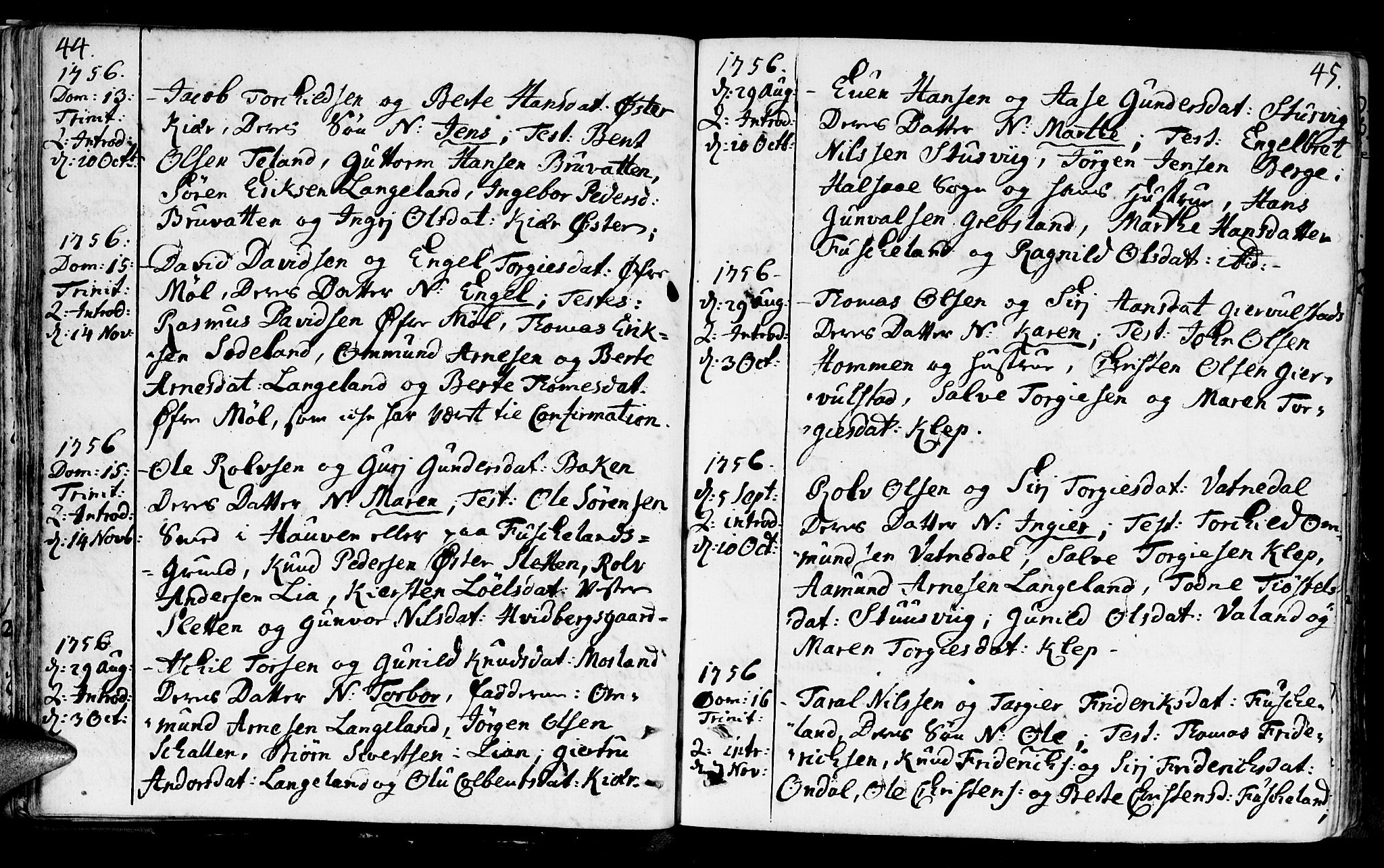 Holum sokneprestkontor, AV/SAK-1111-0022/F/Fa/Faa/L0002: Parish register (official) no. A 2, 1756-1780, p. 44-45