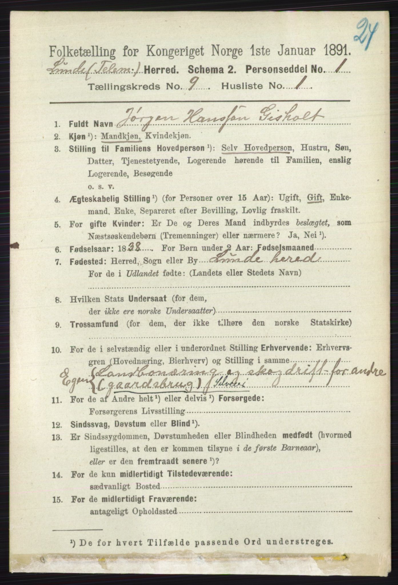 RA, 1891 census for 0820 Lunde, 1891, p. 2723