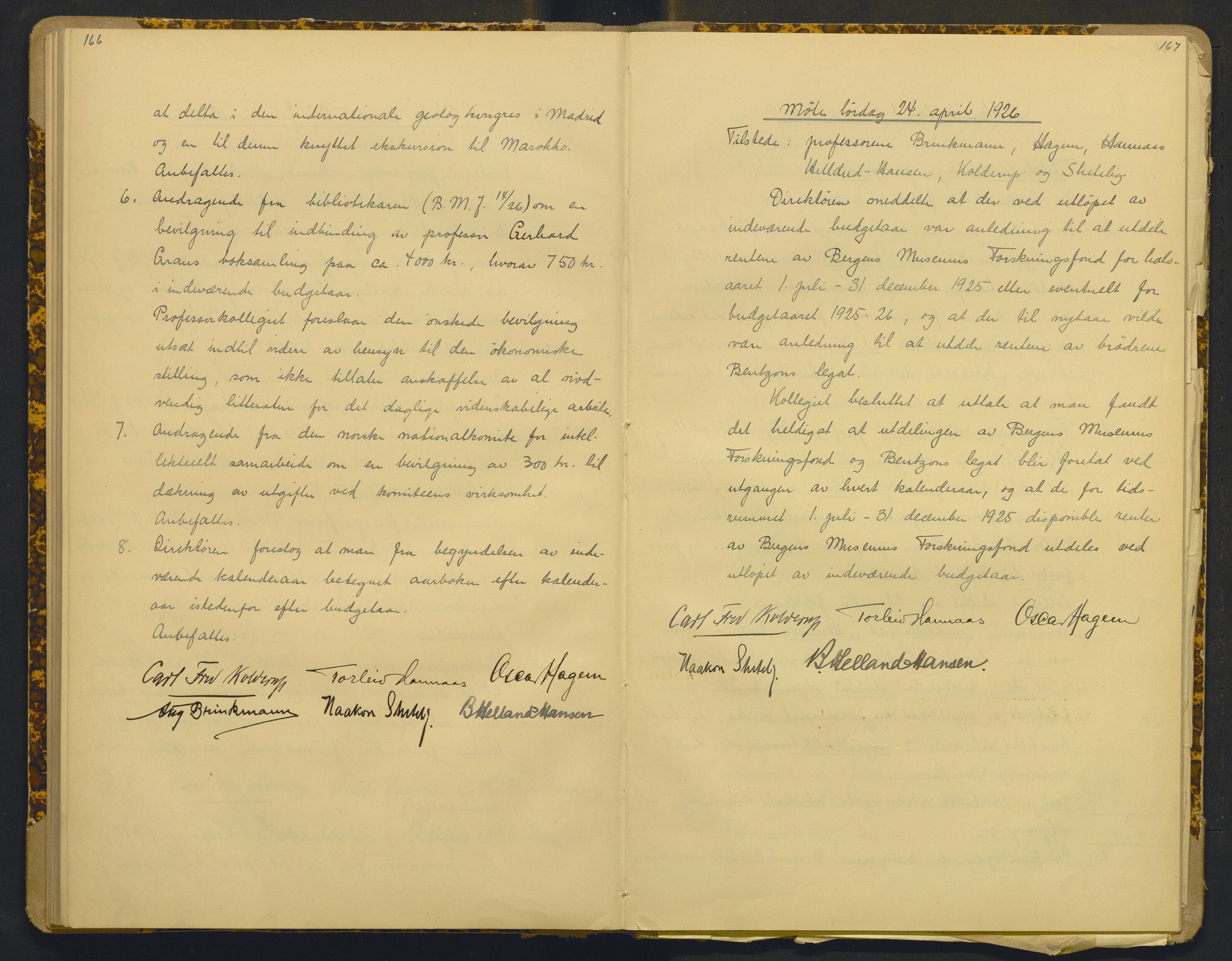 Bergens Museum, AV/SAB-A-17301/18/A/L0001: Bestyrerkollegiets forhandlingsprotokoll med register , 1907-1927, p. 166-167