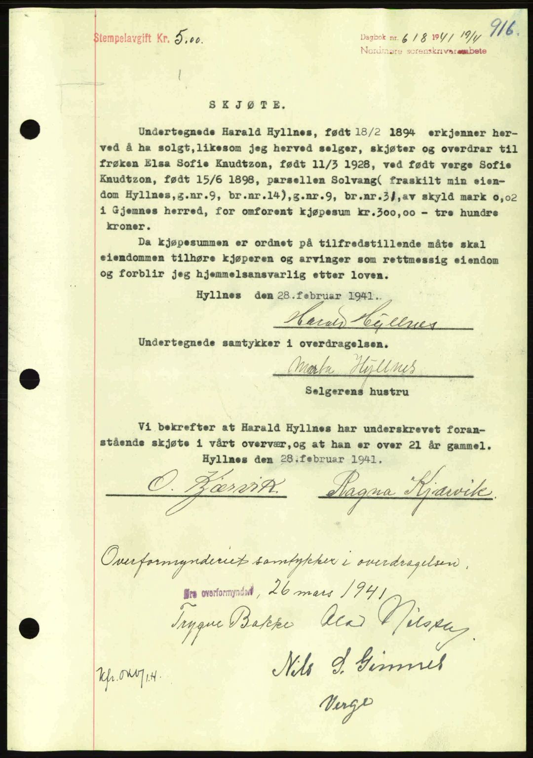 Nordmøre sorenskriveri, SAT/A-4132/1/2/2Ca: Mortgage book no. A89, 1940-1941, Diary no: : 618/1941