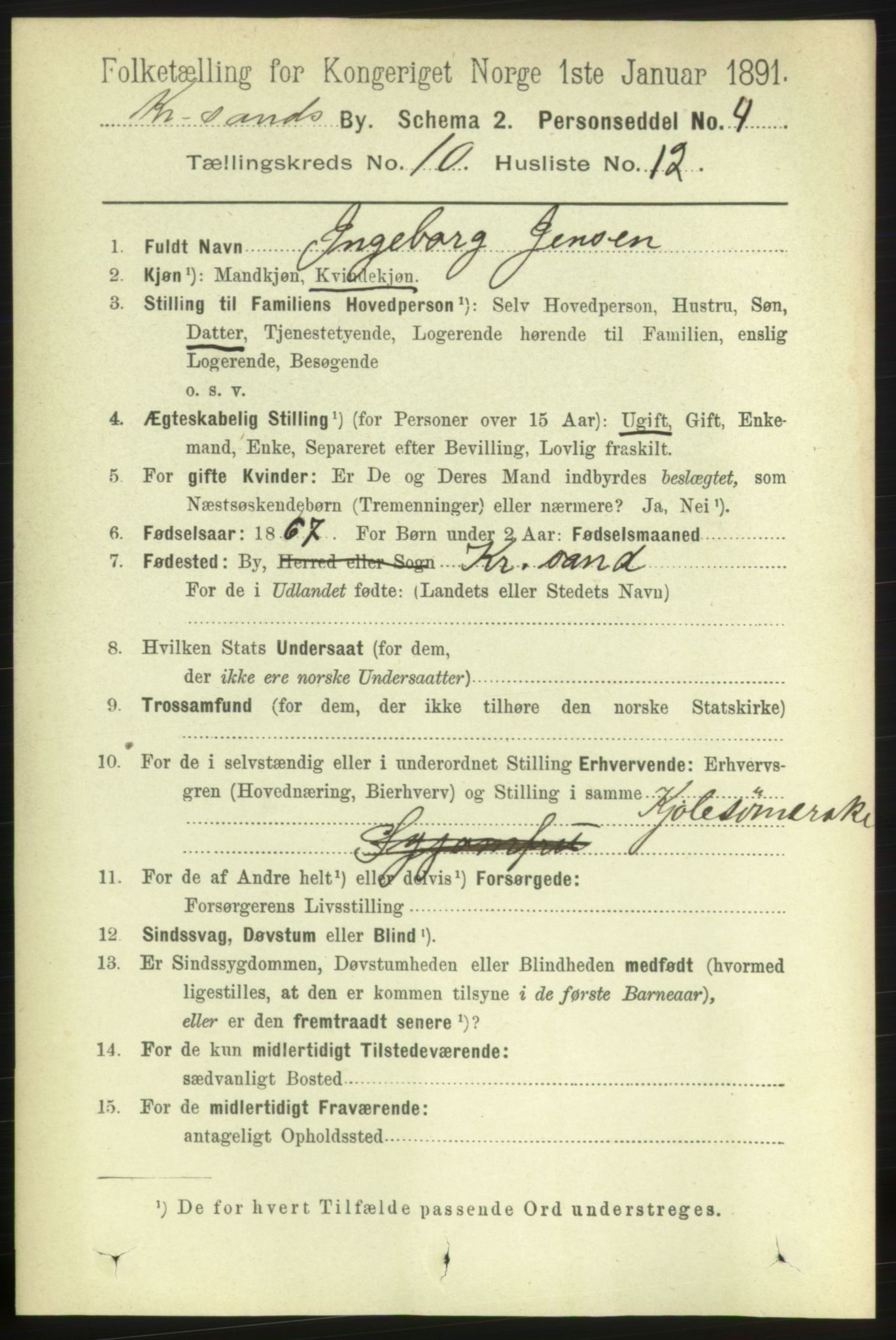 RA, 1891 census for 1001 Kristiansand, 1891, p. 5499