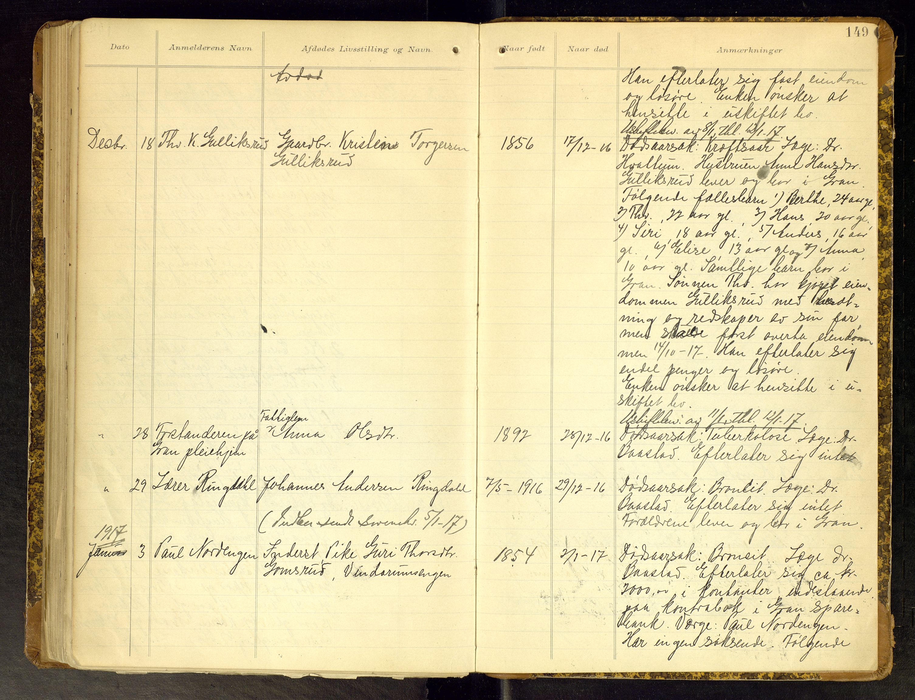 Gran lensmannskontor, AV/SAH-LOG-010/H/Ha/L0002: Dødsfallsprotokoll, 1899-1917, p. 149