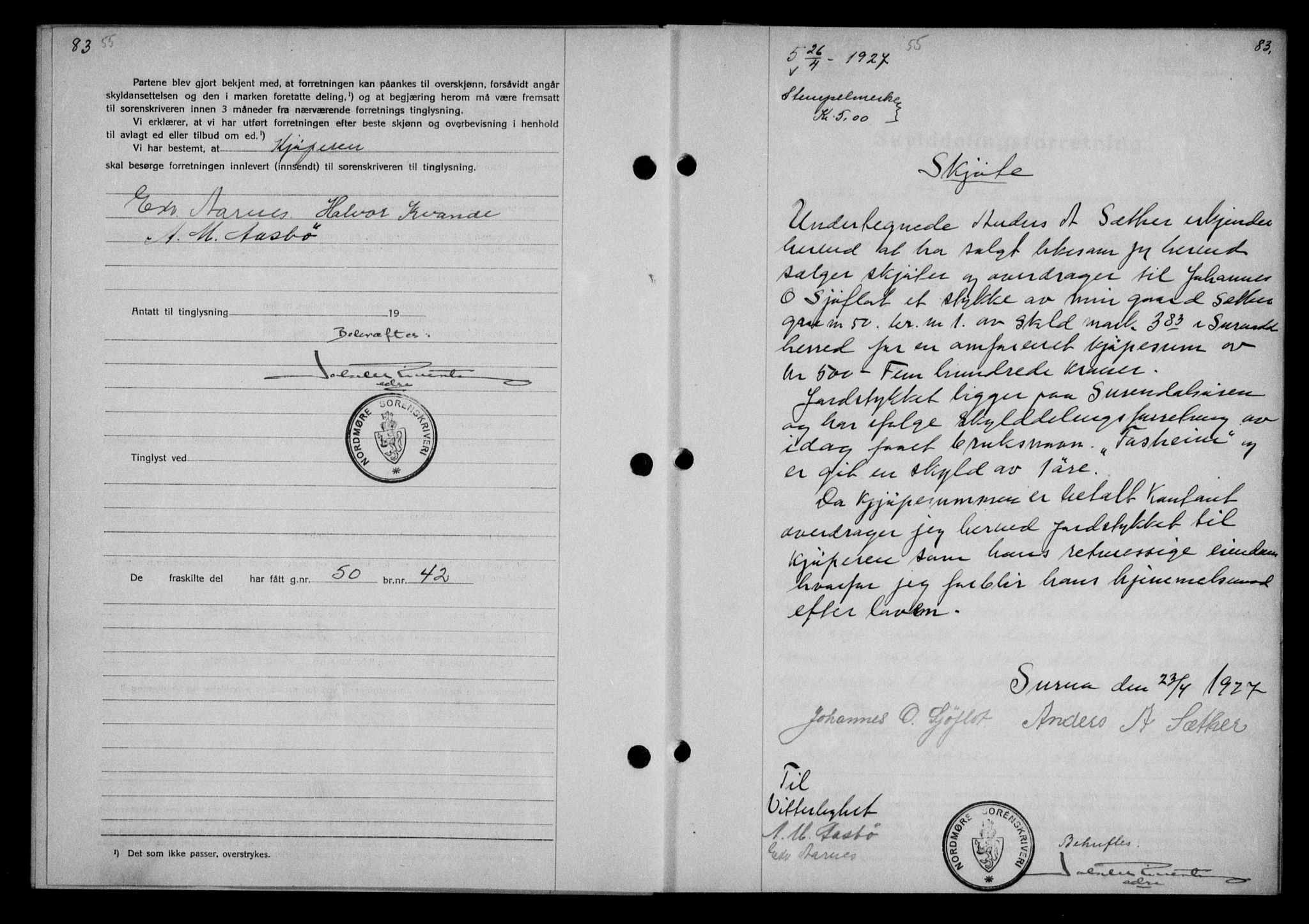 Nordmøre sorenskriveri, AV/SAT-A-4132/1/2/2Ca/L0062: Mortgage book no. 52, 1927-1927, Deed date: 26.04.1927