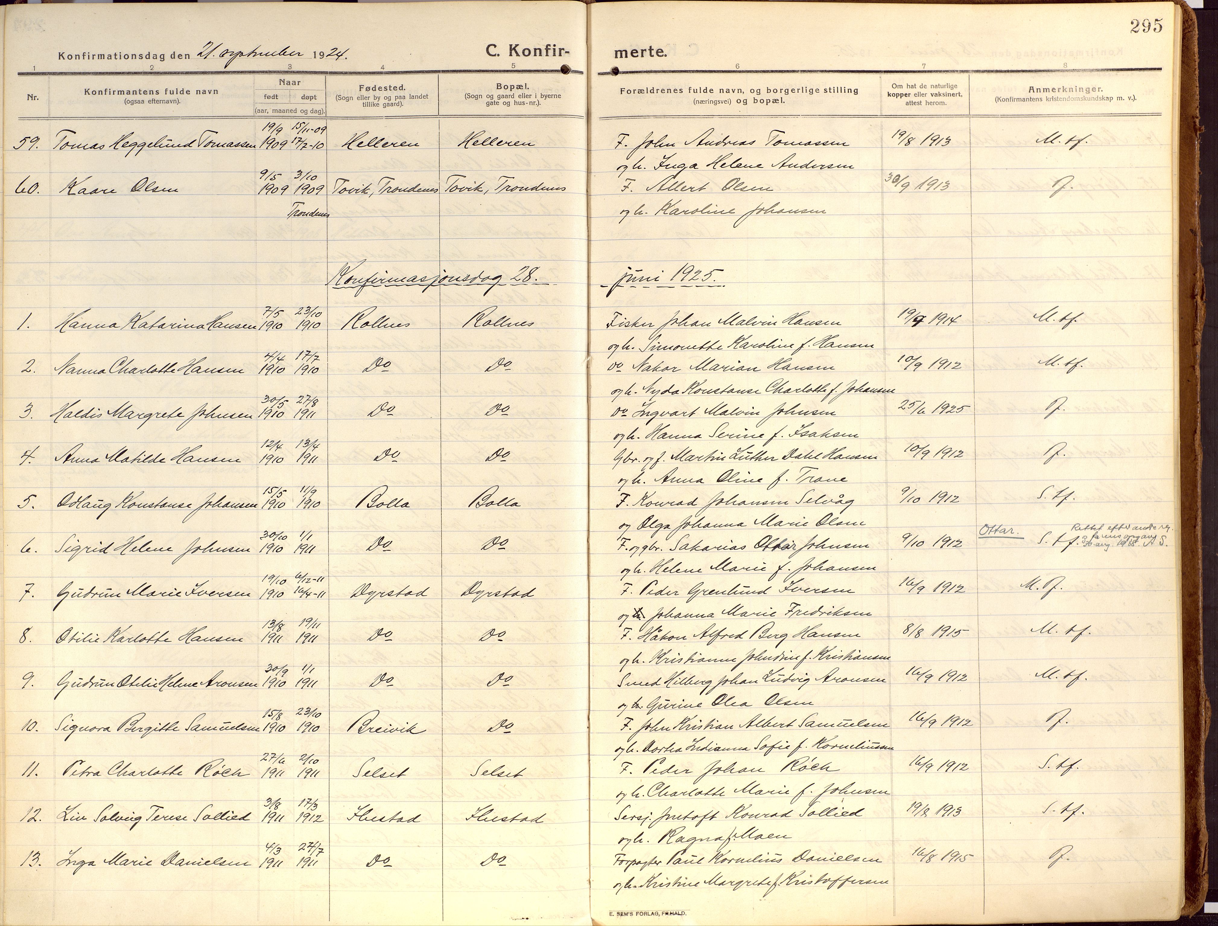 Ibestad sokneprestembete, SATØ/S-0077/H/Ha/Haa/L0018kirke: Parish register (official) no. 18, 1915-1929, p. 295