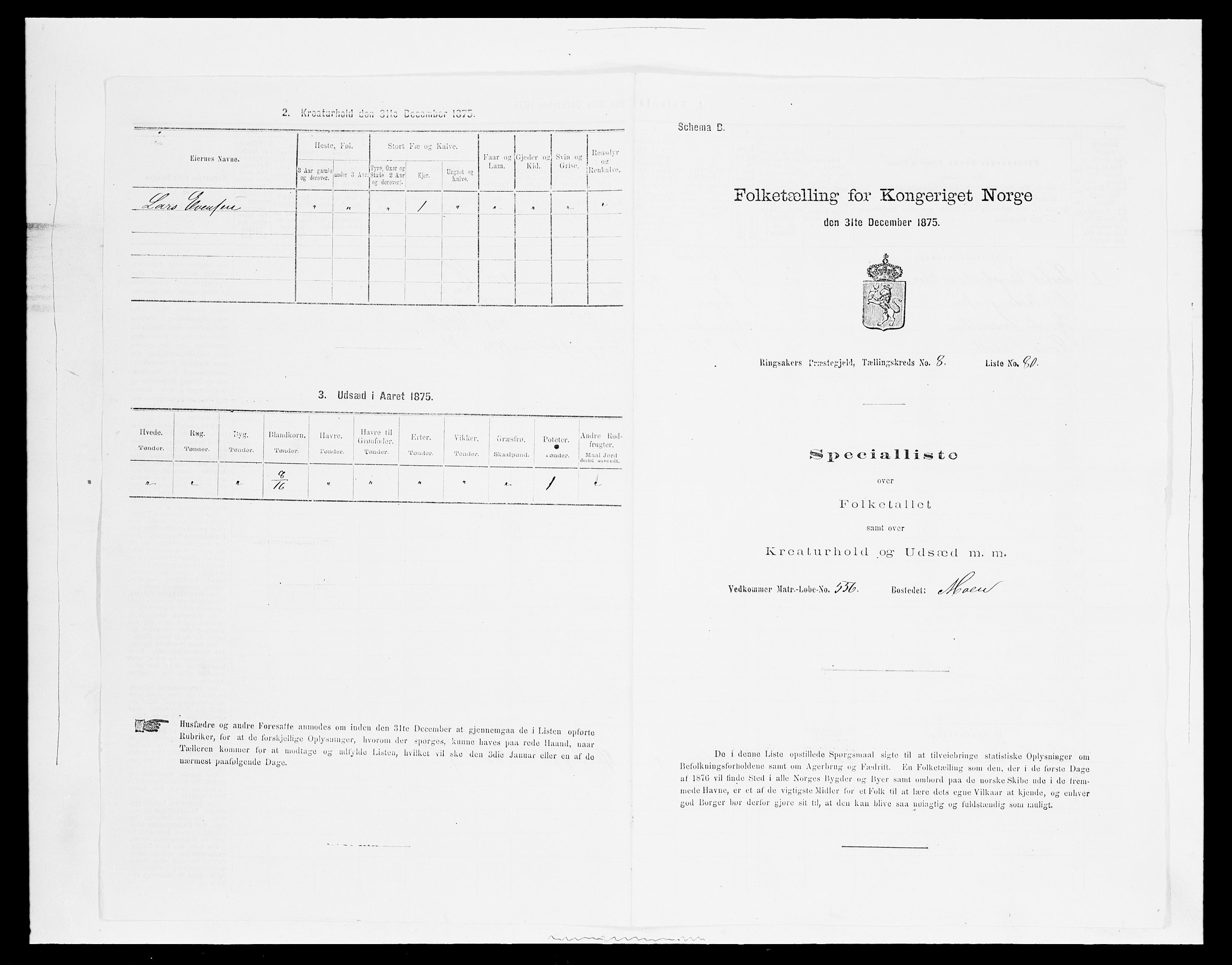 SAH, 1875 census for 0412P Ringsaker, 1875, p. 1786