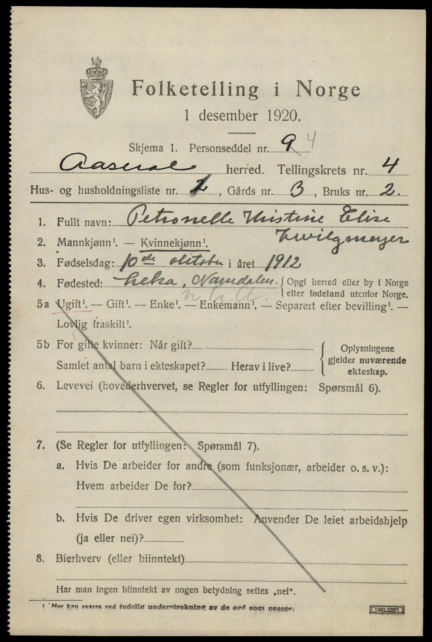 SAK, 1920 census for Åseral, 1920, p. 1192