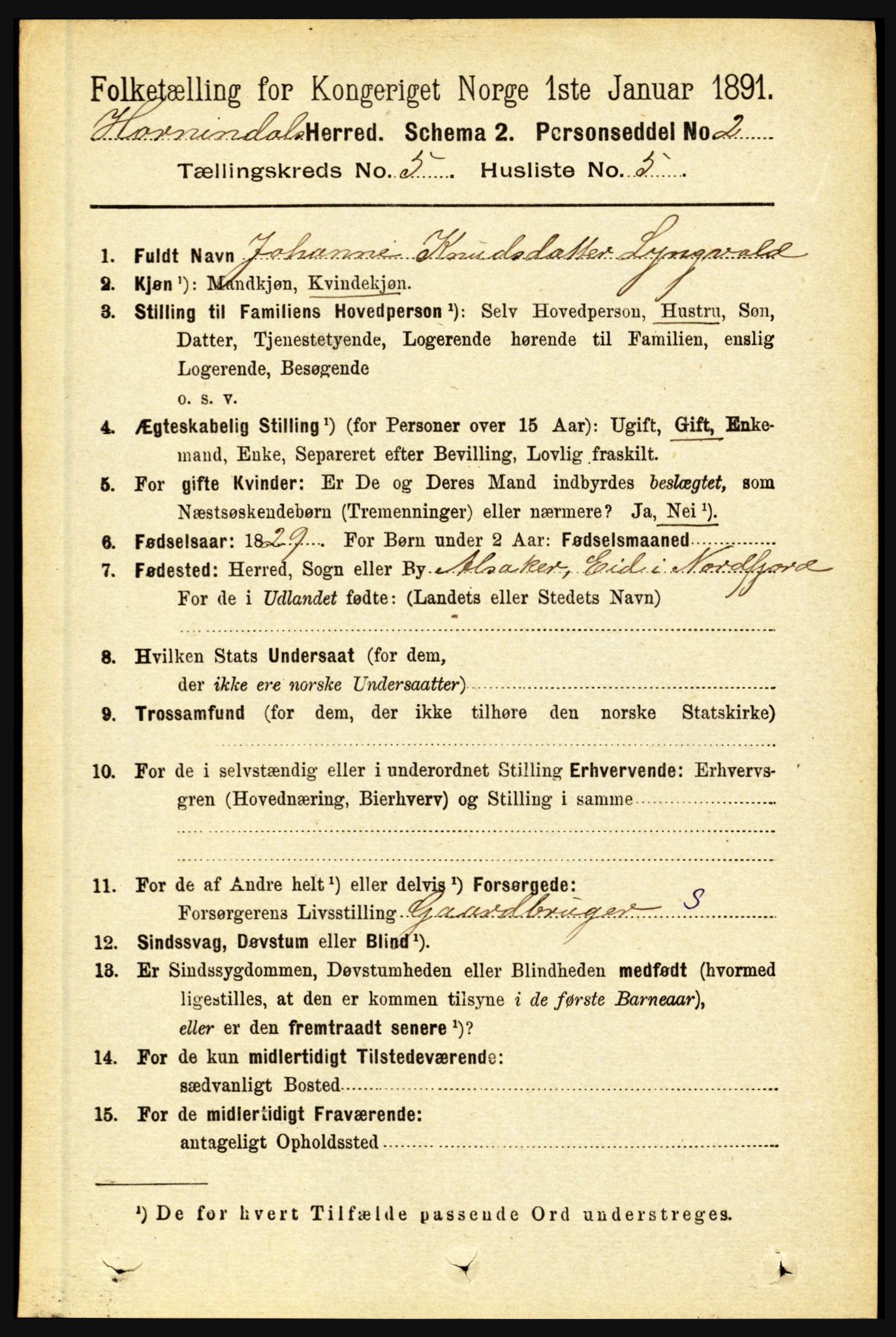 RA, 1891 census for 1444 Hornindal, 1891, p. 1164