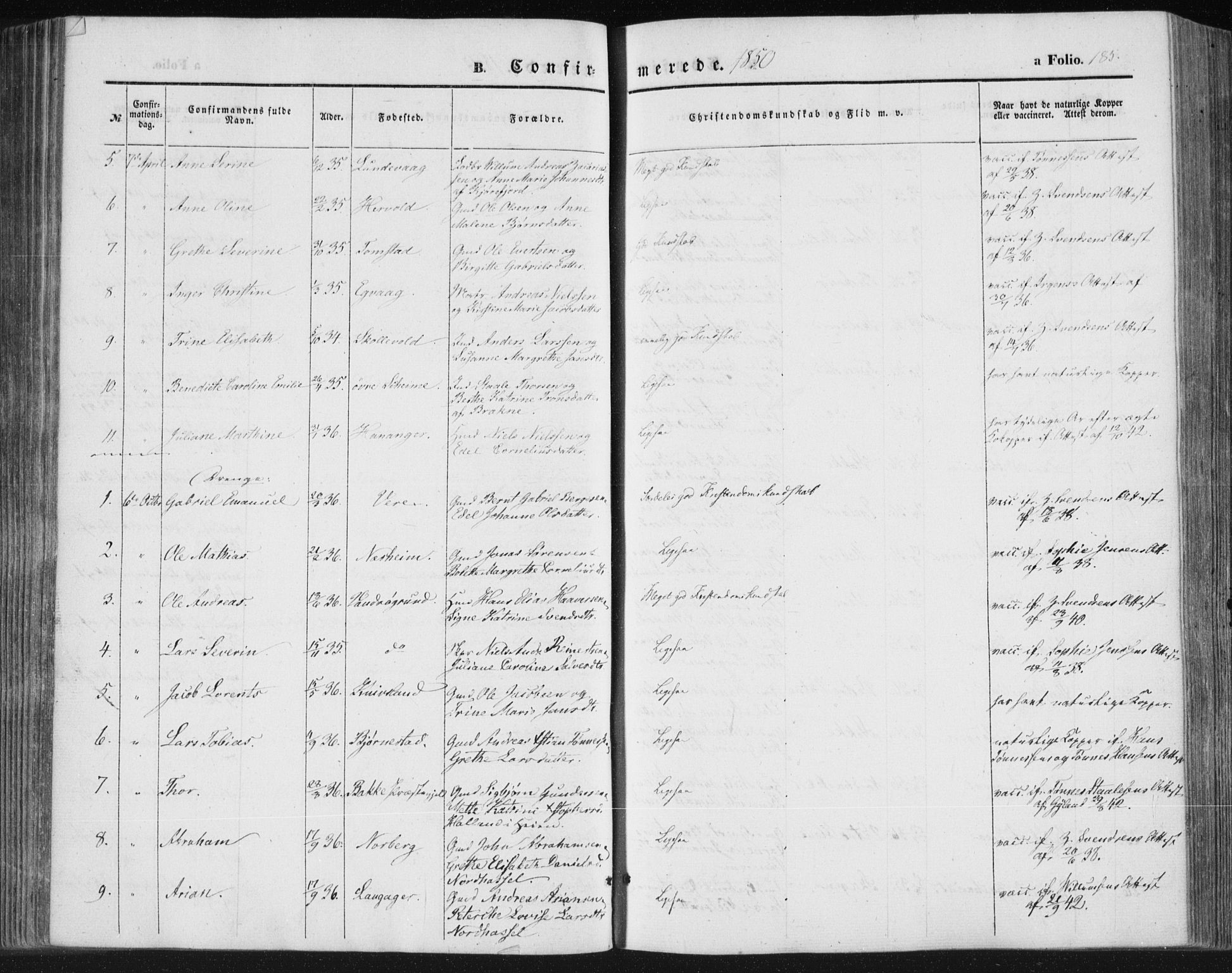 Lista sokneprestkontor, AV/SAK-1111-0027/F/Fa/L0010: Parish register (official) no. A 10, 1846-1861, p. 185