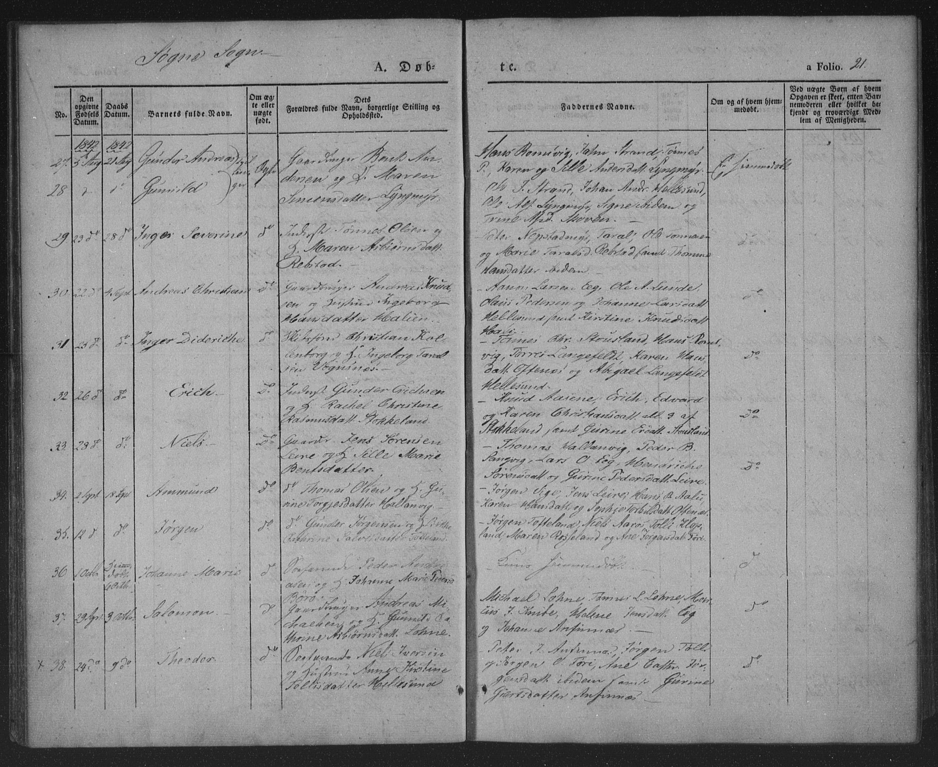 Søgne sokneprestkontor, AV/SAK-1111-0037/F/Fa/Fab/L0009: Parish register (official) no. A 9, 1838-1853, p. 21