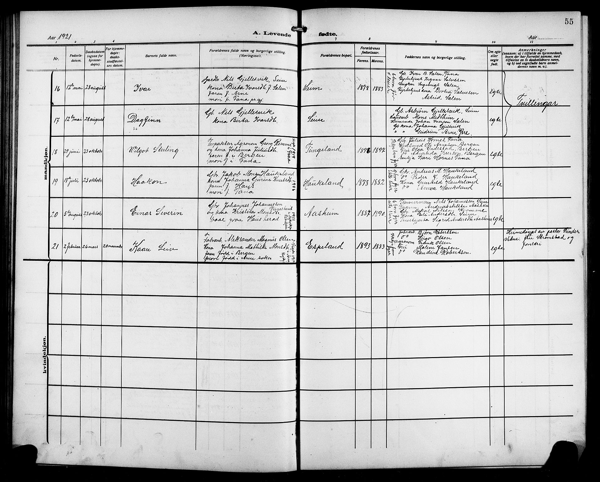 Arna Sokneprestembete, AV/SAB-A-74001/H/Ha/Hab: Parish register (copy) no. A 5, 1911-1921, p. 55