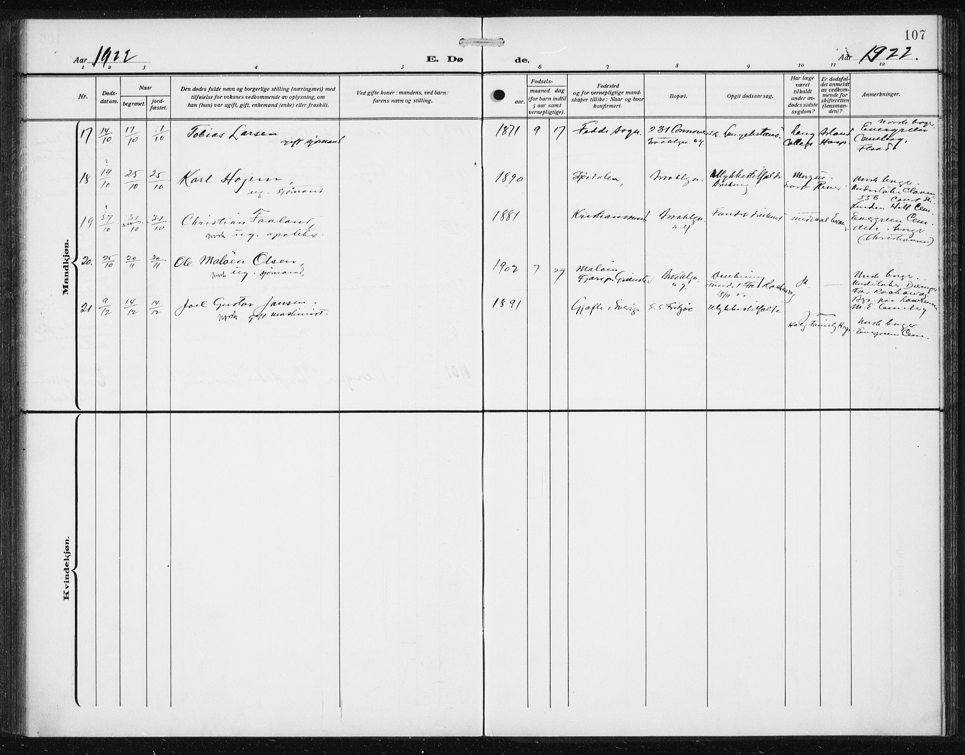 Den norske sjømannsmisjon i utlandet/New York, AV/SAB-SAB/PA-0110/H/Ha/L0007: Parish register (official) no. A 7, 1915-1923, p. 107