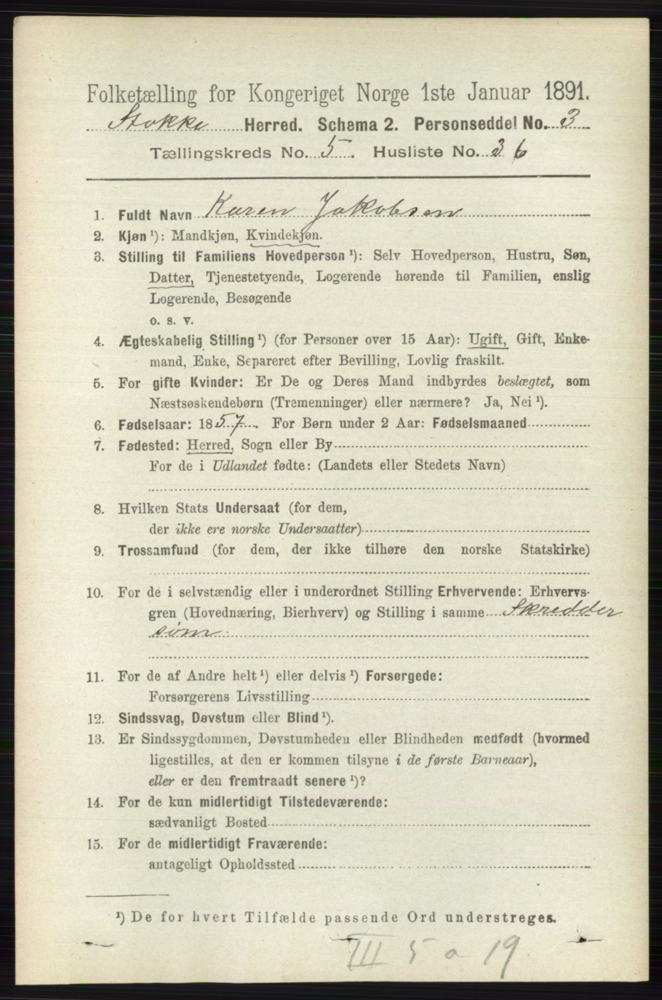 RA, 1891 census for 0720 Stokke, 1891, p. 3287