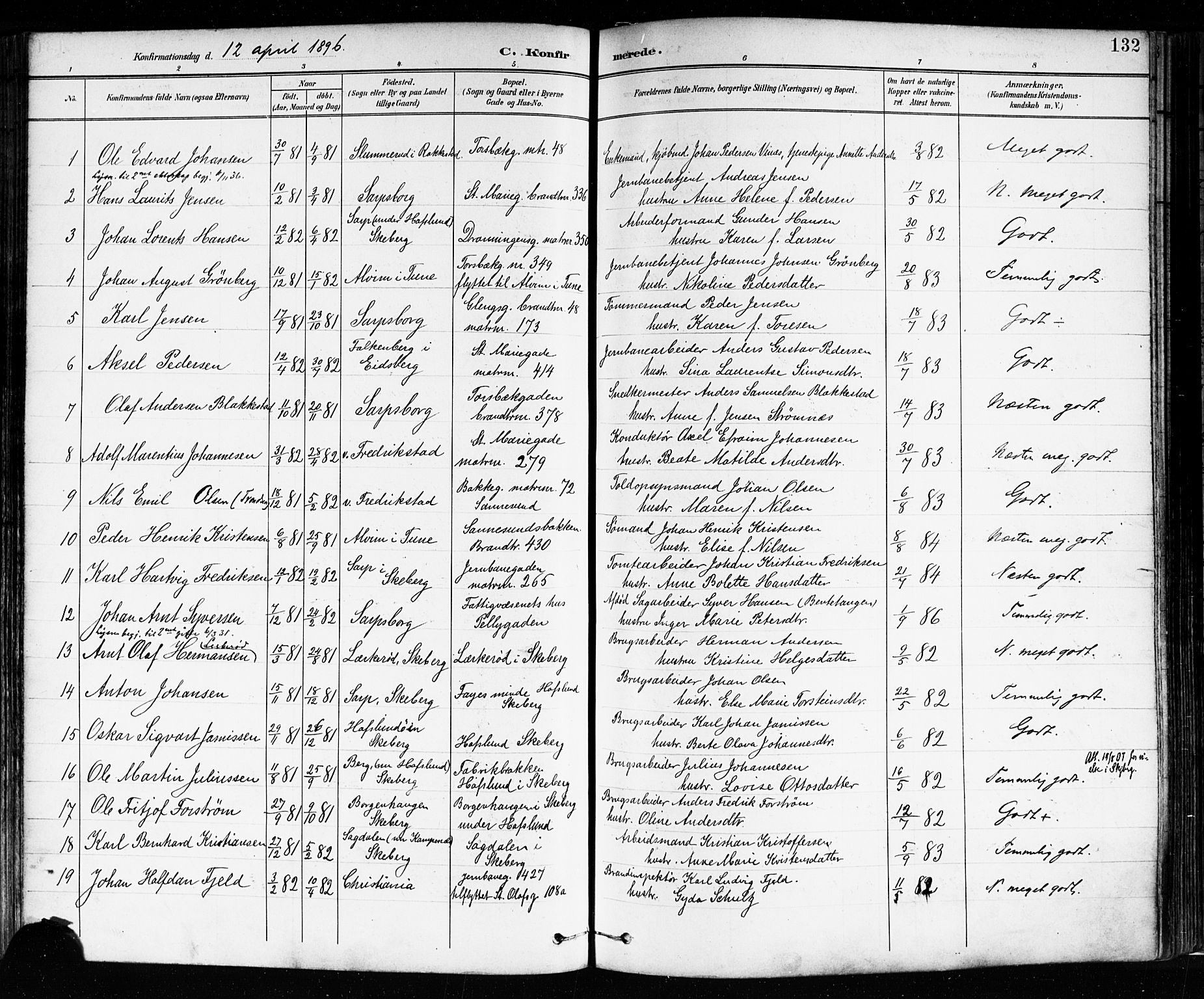 Sarpsborg prestekontor Kirkebøker, SAO/A-2006/F/Fa/L0004: Parish register (official) no. 4, 1892-1899, p. 132
