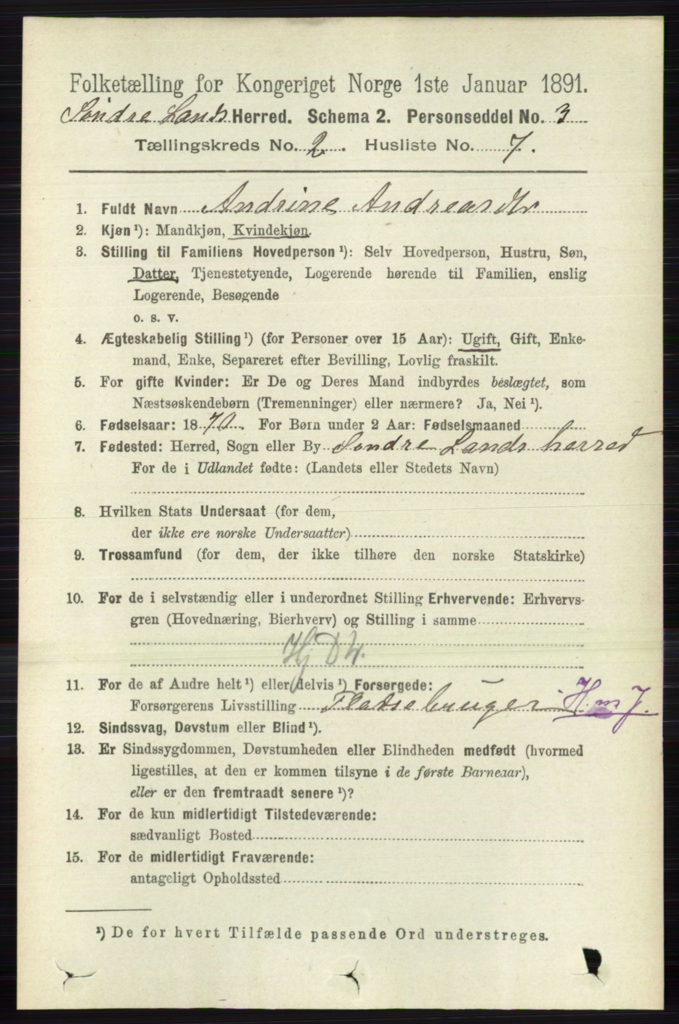 RA, 1891 census for 0536 Søndre Land, 1891, p. 1075