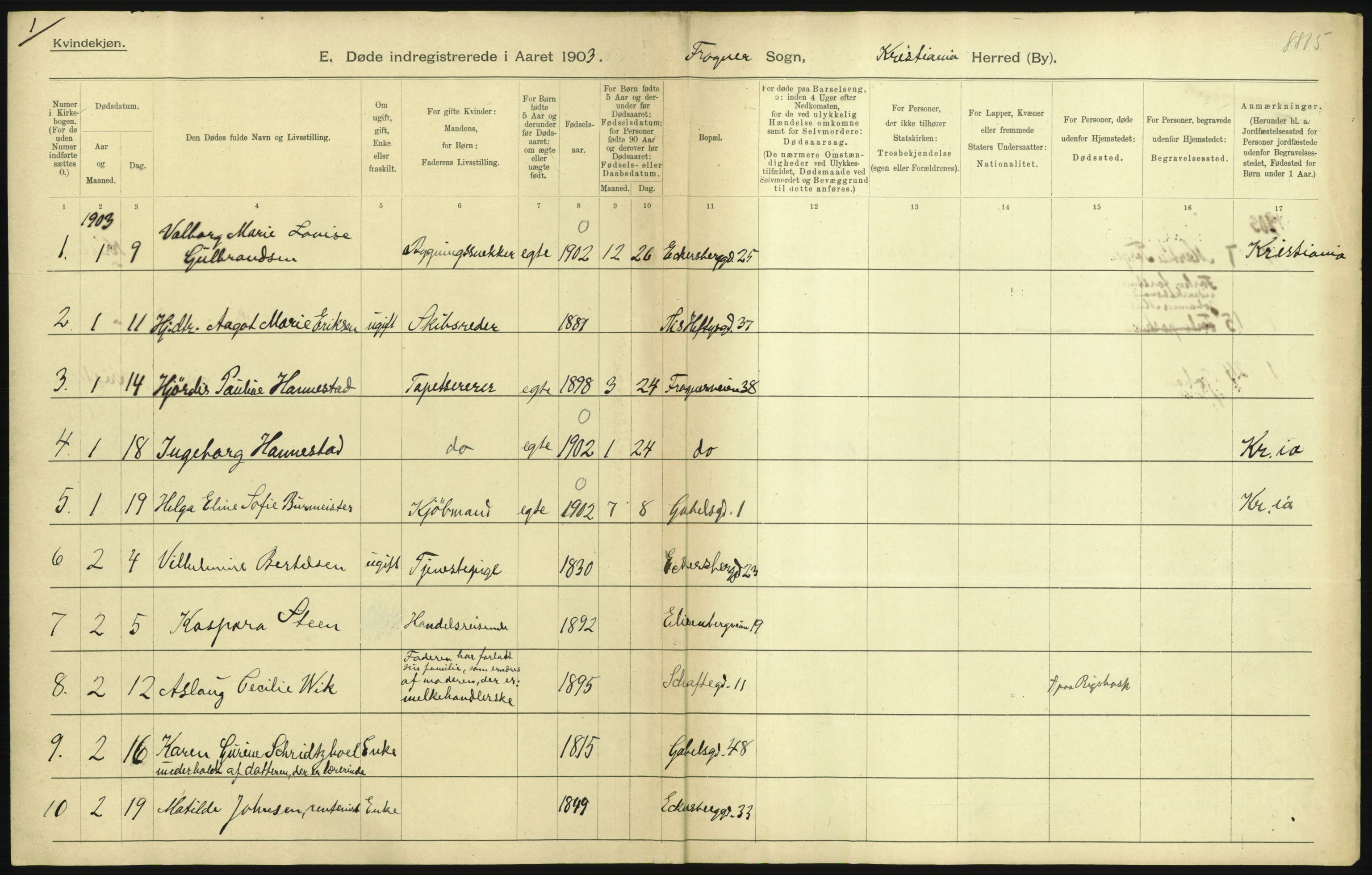 Statistisk sentralbyrå, Sosiodemografiske emner, Befolkning, AV/RA-S-2228/D/Df/Dfa/Dfaa/L0004: Kristiania: Gifte, døde, 1903, p. 209