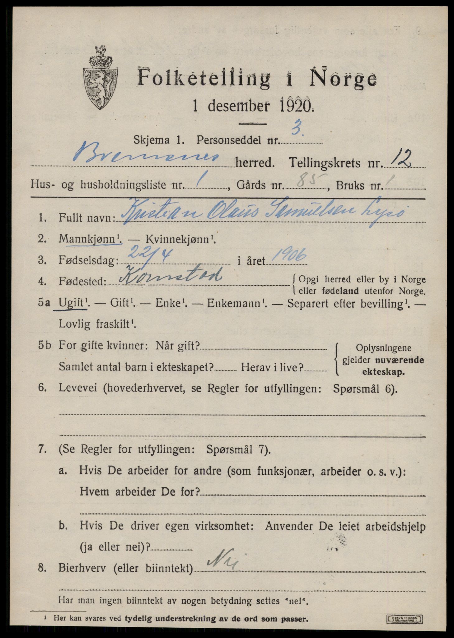 SAT, 1920 census for Bremsnes, 1920, p. 9631