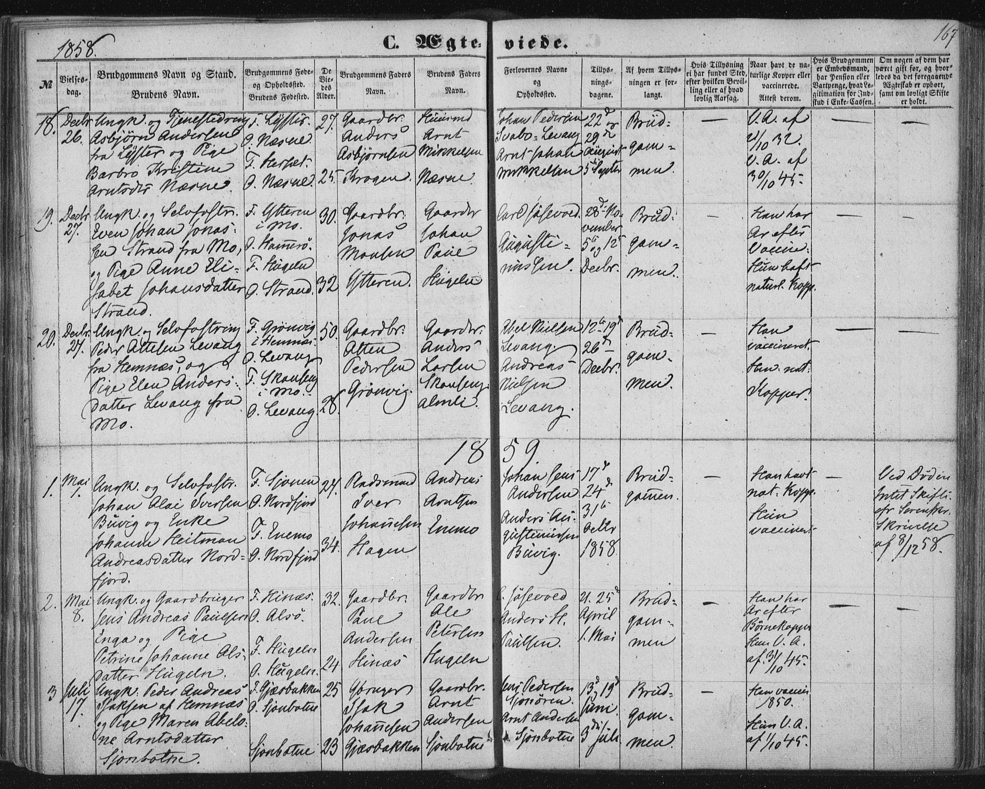 Ministerialprotokoller, klokkerbøker og fødselsregistre - Nordland, AV/SAT-A-1459/838/L0550: Parish register (official) no. 838A08, 1855-1865, p. 167