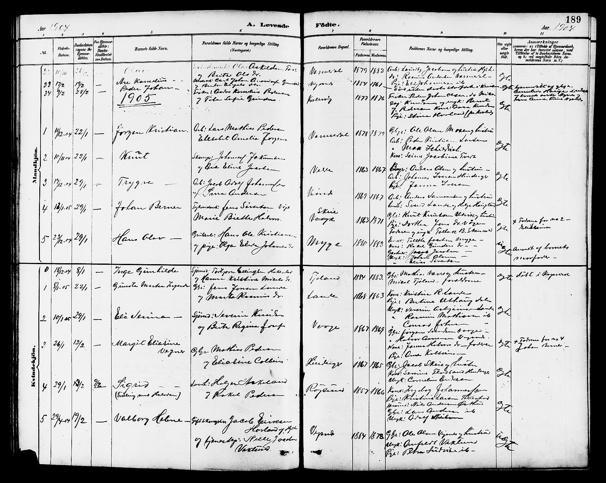 Avaldsnes sokneprestkontor, SAST/A -101851/H/Ha/Hab/L0007: Parish register (copy) no. B 7, 1885-1909, p. 189