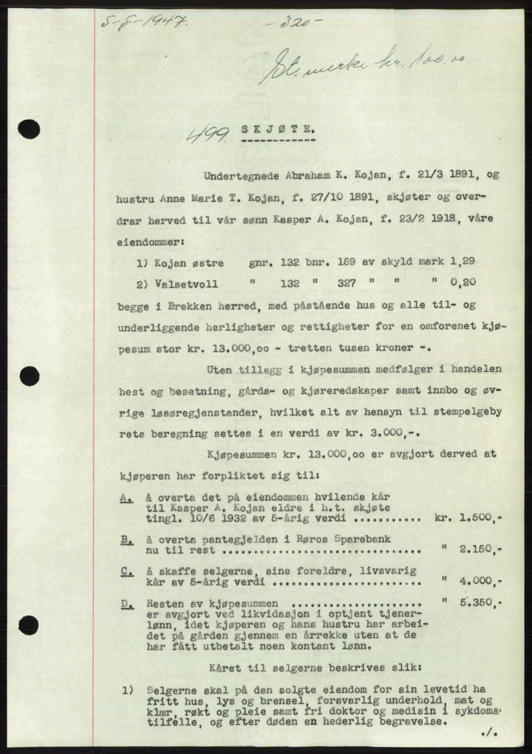 Gauldal sorenskriveri, SAT/A-0014/1/2/2C: Mortgage book no. A3, 1947-1947, Diary no: : 499/1947