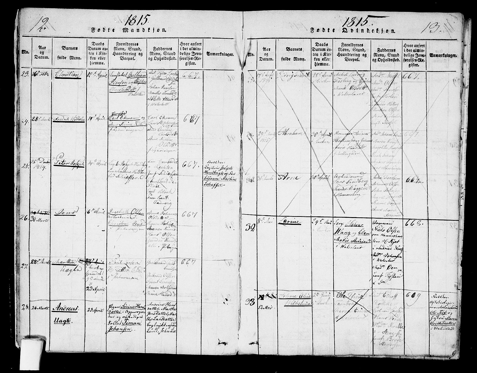 Garnisonsmenigheten Kirkebøker, AV/SAO-A-10846/G/Ga/L0003: Parish register (copy) no. 3, 1815-1819, p. 12-13