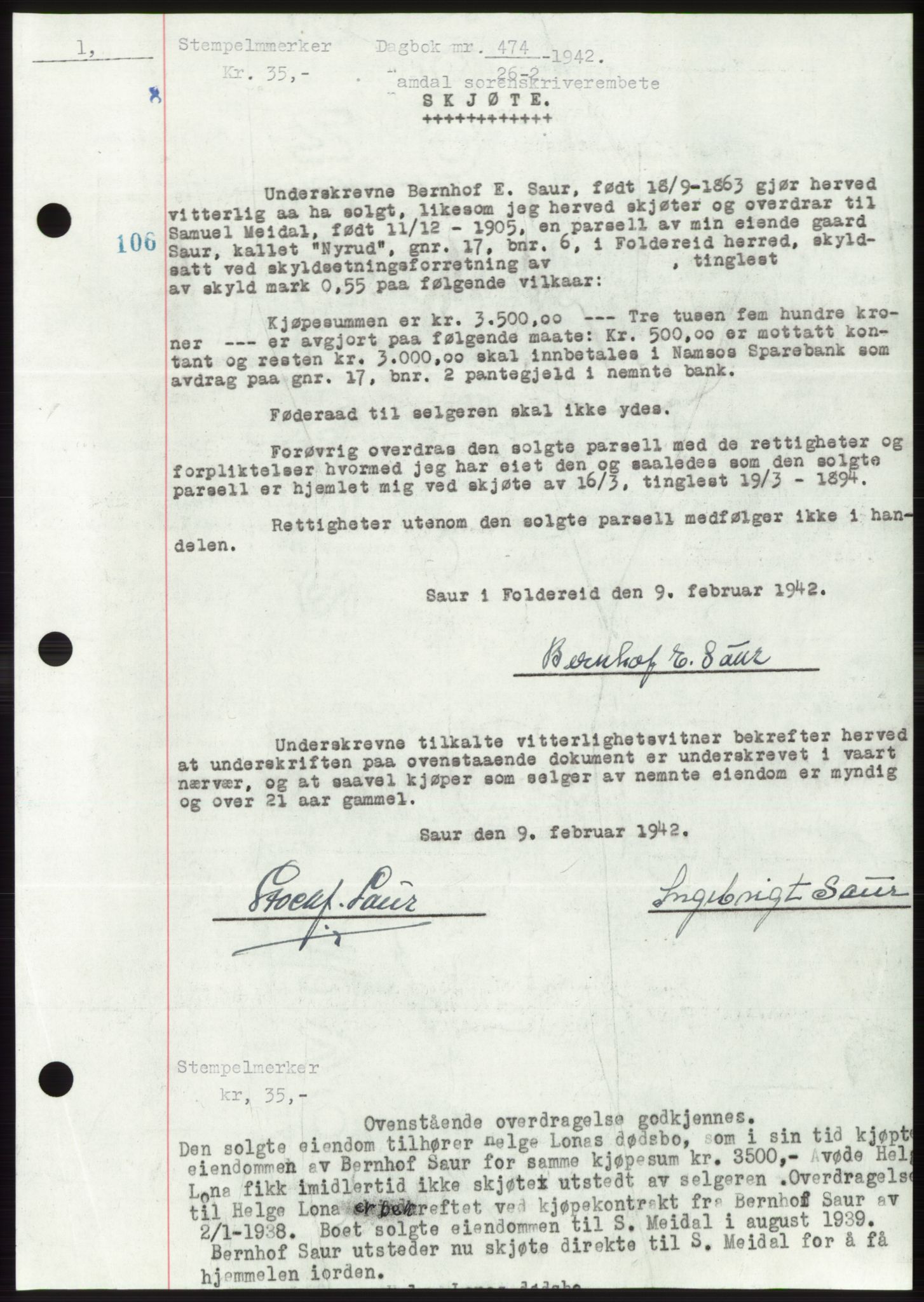 Namdal sorenskriveri, SAT/A-4133/1/2/2C: Mortgage book no. -, 1941-1942, Diary no: : 474/1942
